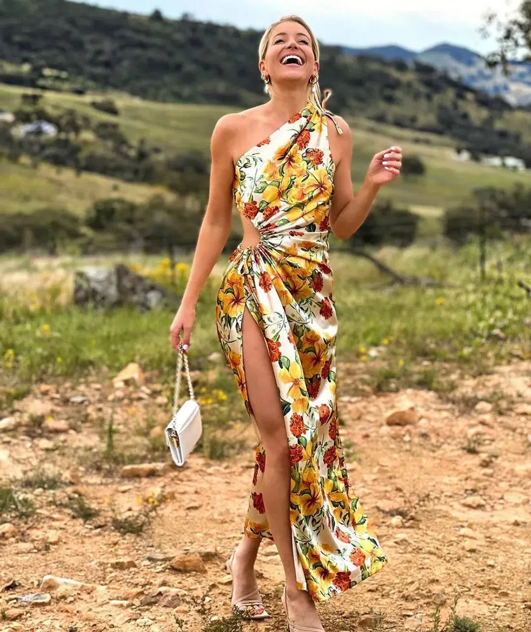 Sonya Moda Nour Yarden Floral Maxi Dress Cutout One Shoulder Yellow Size AU 8 for rent on The Volte - main image