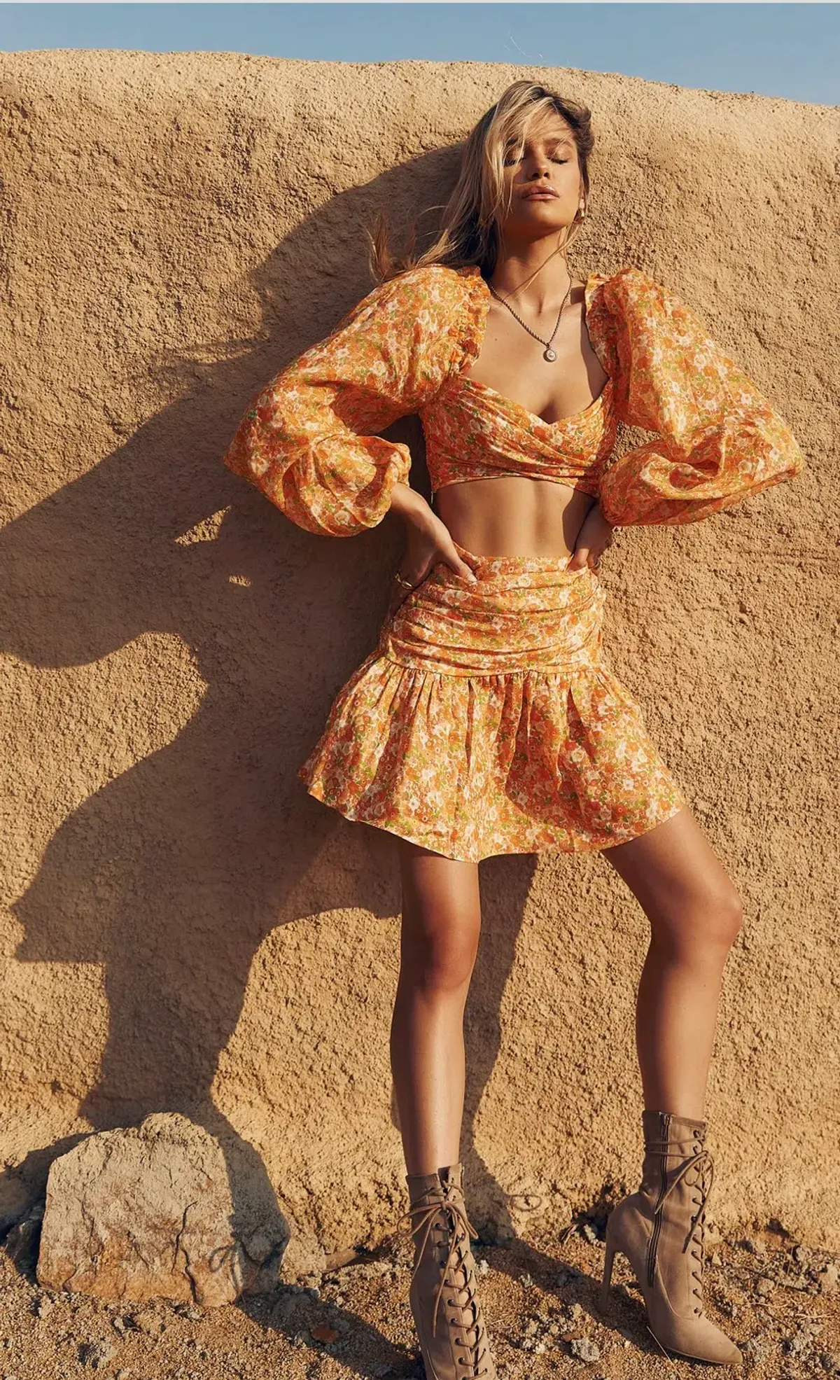 Kate Ford Bloom Ruched Top And Skirt in Mini Set Orange Size 3 / AU 10 for rent on The Volte - main image