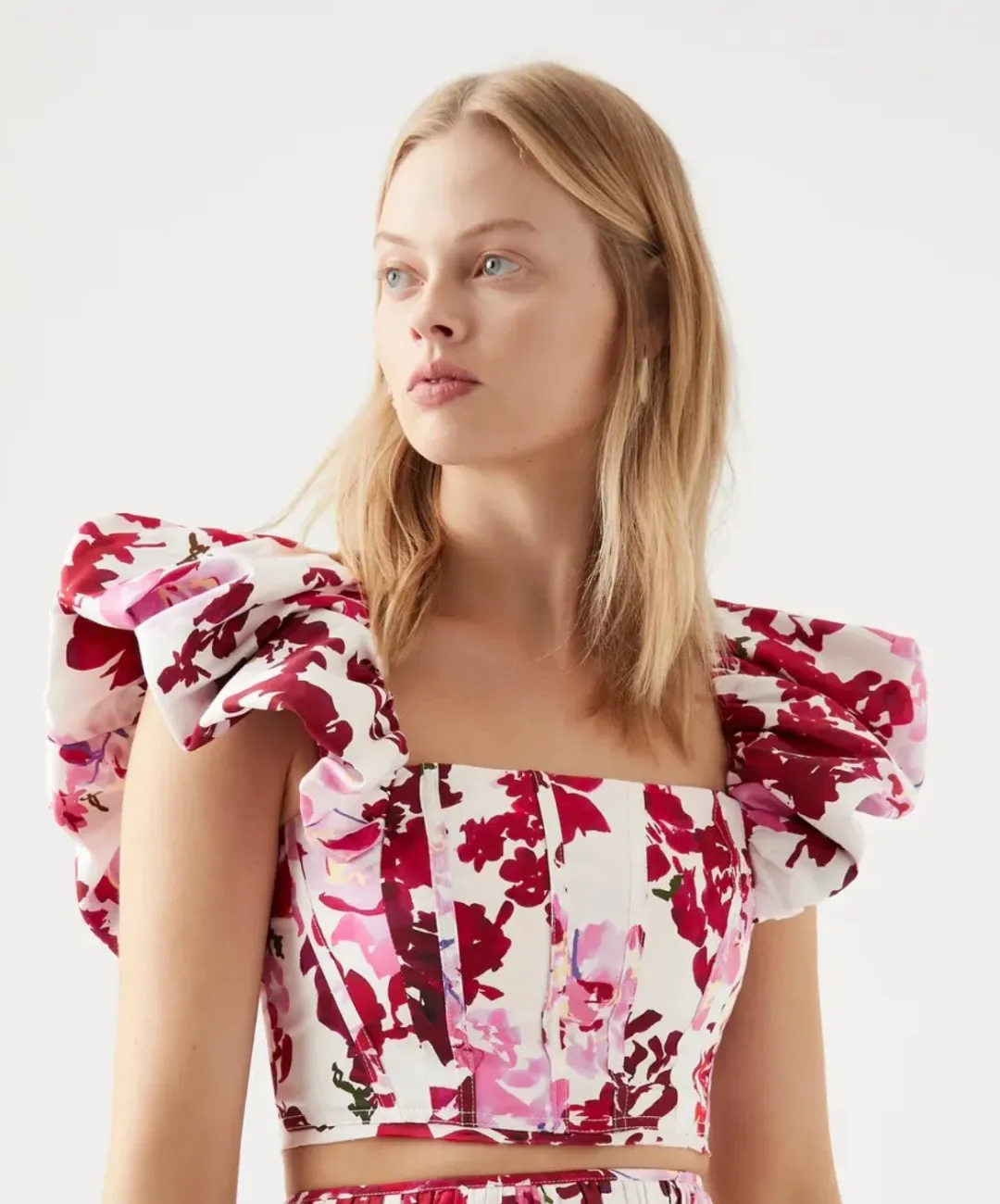 Aje Margot Bubble Sleeve Top & Cherie Bubble Midi Skirt Set Roses of Provence Floral Print Size AU 16   for rent on The Volte - main image