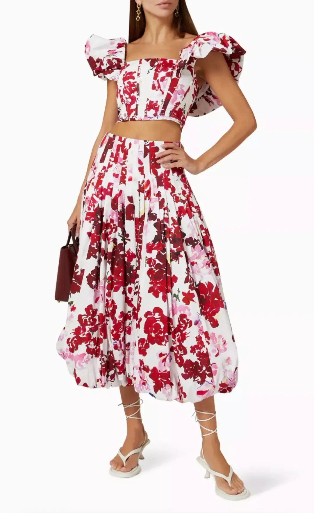 Aje Margot Bubble Sleeve Top & Cherie Bubble Midi Skirt Set Roses of Provence Floral Print Size AU 16   for rent on The Volte - main image