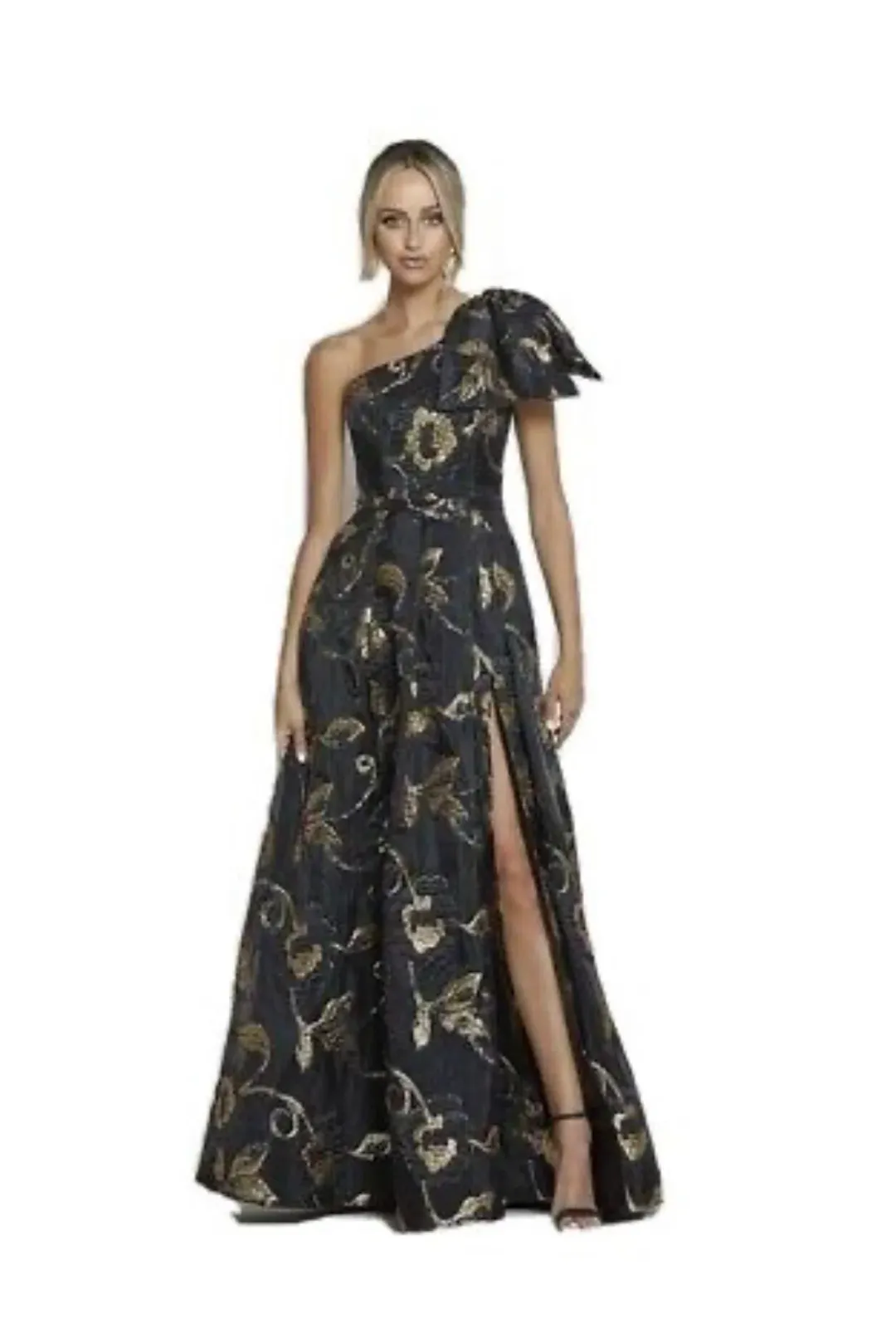 Bariano Olympia One Shoulder Gown Black/Gold Size 8 for rent on The Volte - main image