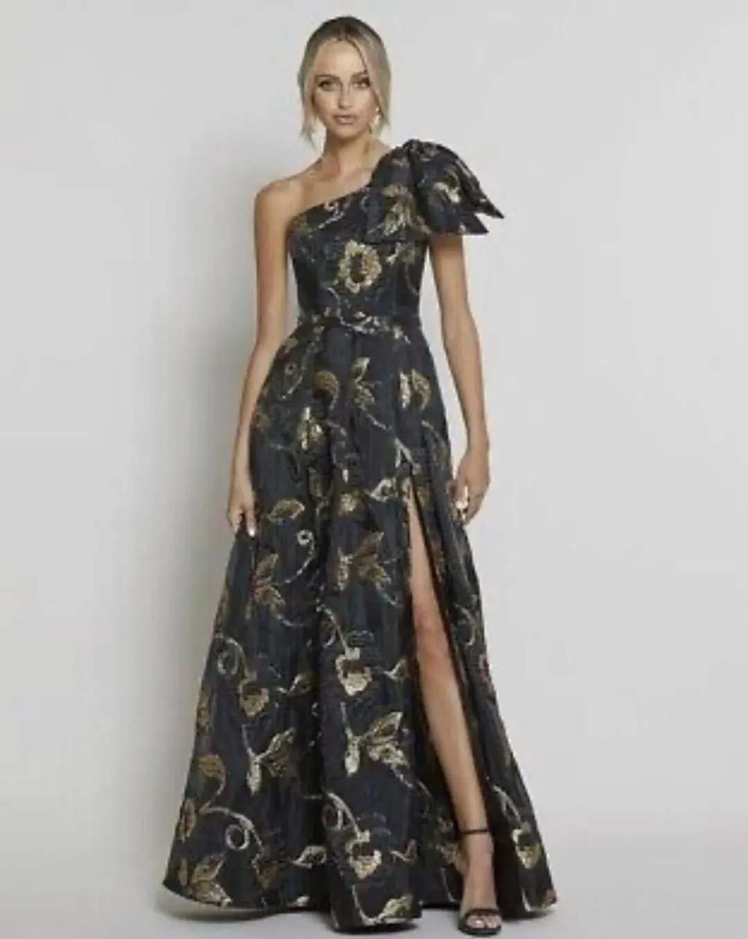 Bariano Olympia One Shoulder Gown Black/Gold Size 8 for rent on The Volte - main image