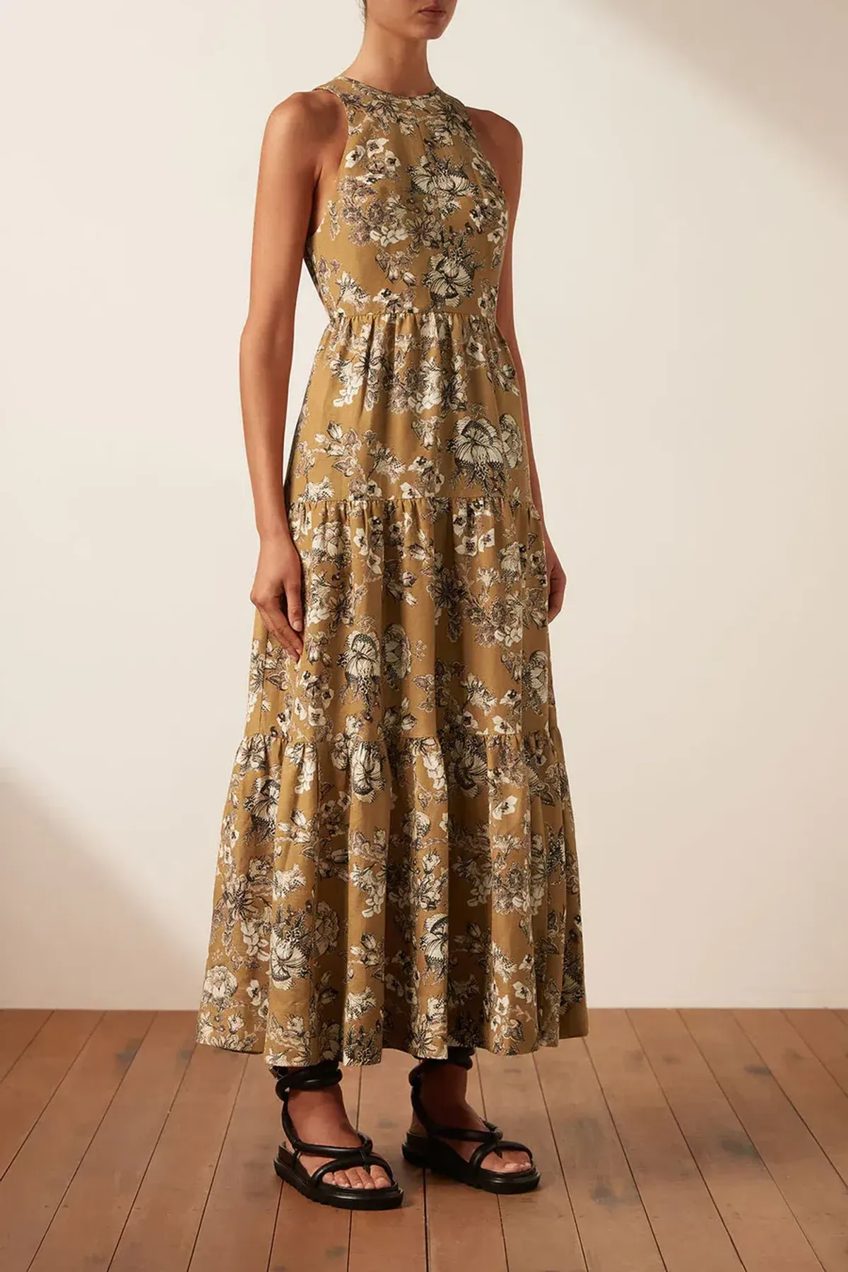 Shona Joy Cecilia Linen Tie Back Midi Dress Floral Size 8 for rent on The Volte - main image