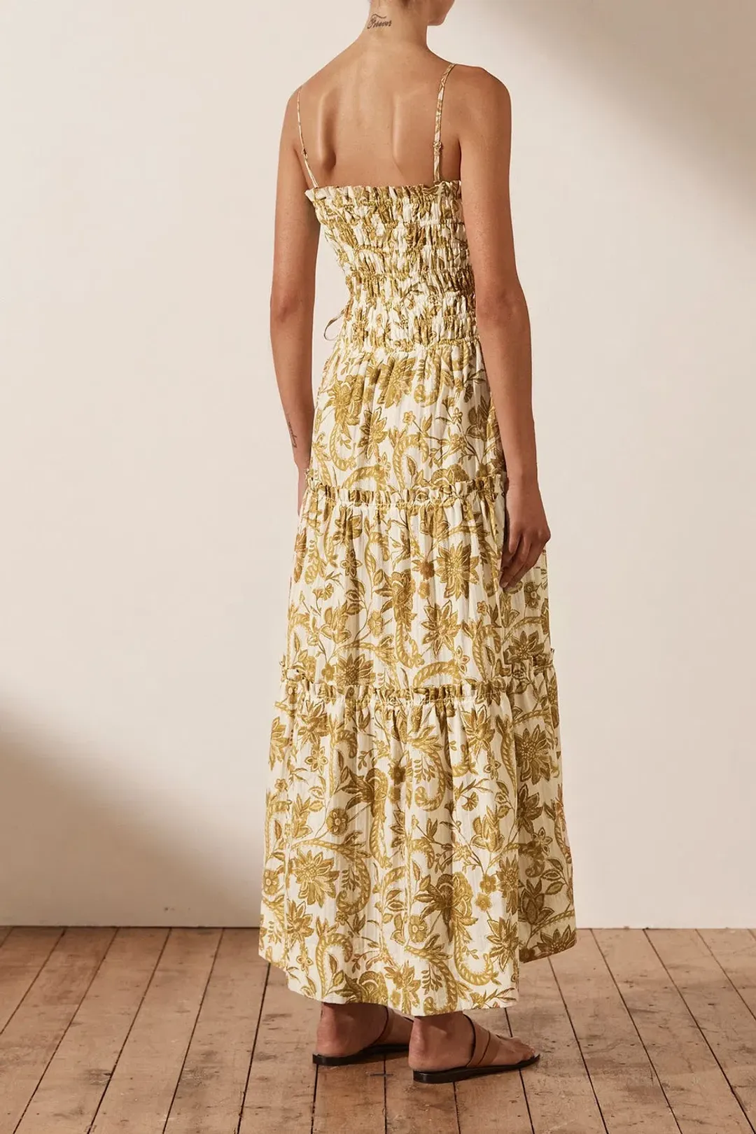 Shona Joy Saffron Shirred Tiered Midi Dress Print Size 14 for rent on The Volte - main image