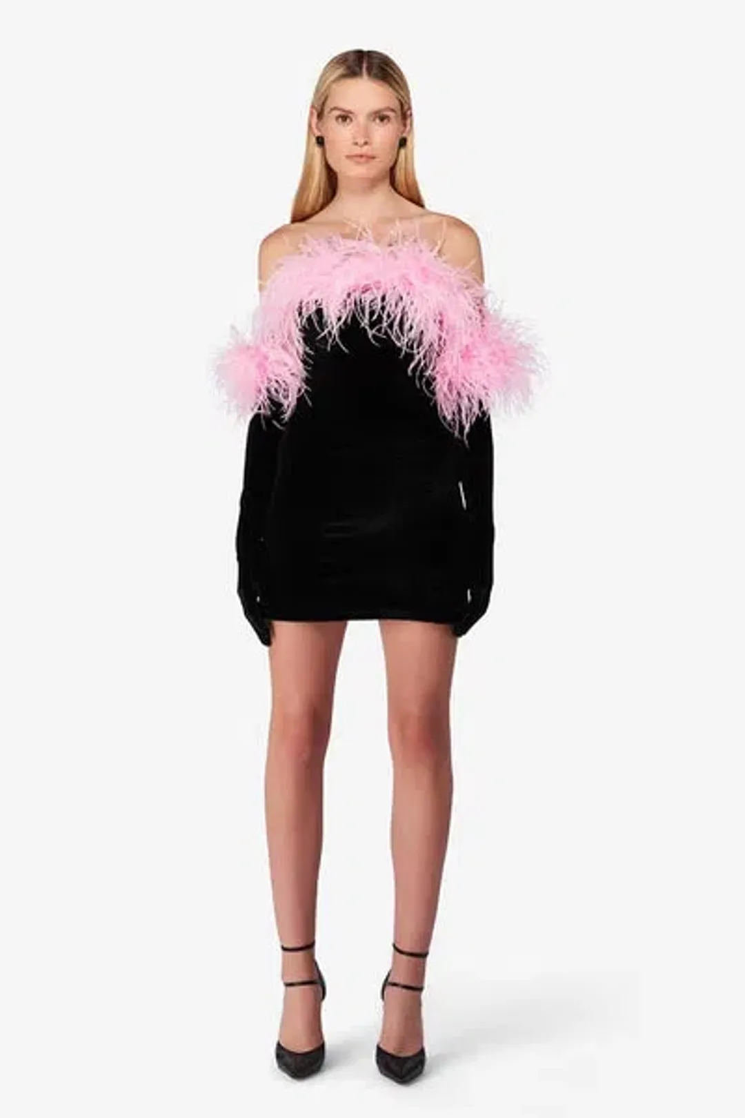 Miscreants Cupid Mini Dress Black And Gloves With Pink Feathers Size 10  for rent on The Volte - main image