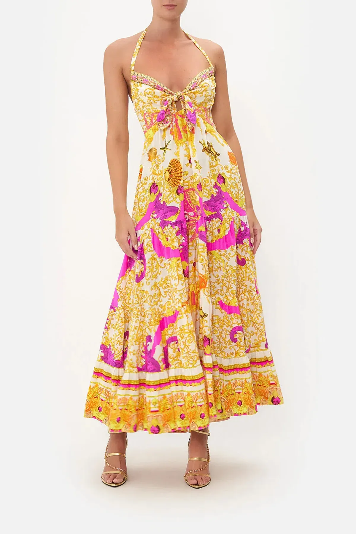 Camilla Tie Front Tiered Dress Multi-colored Size Small / AU 8 for rent on The Volte - main image