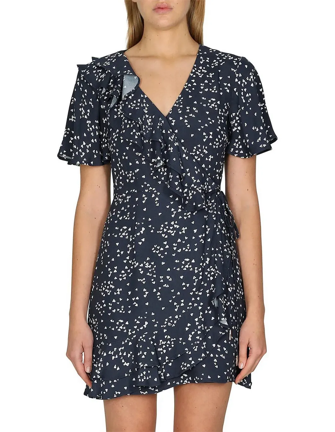 Rebecca Vallance Flores Ruffled Printed Crepe Wrap Mini Dress Navy Size 8 for rent on The Volte - main image