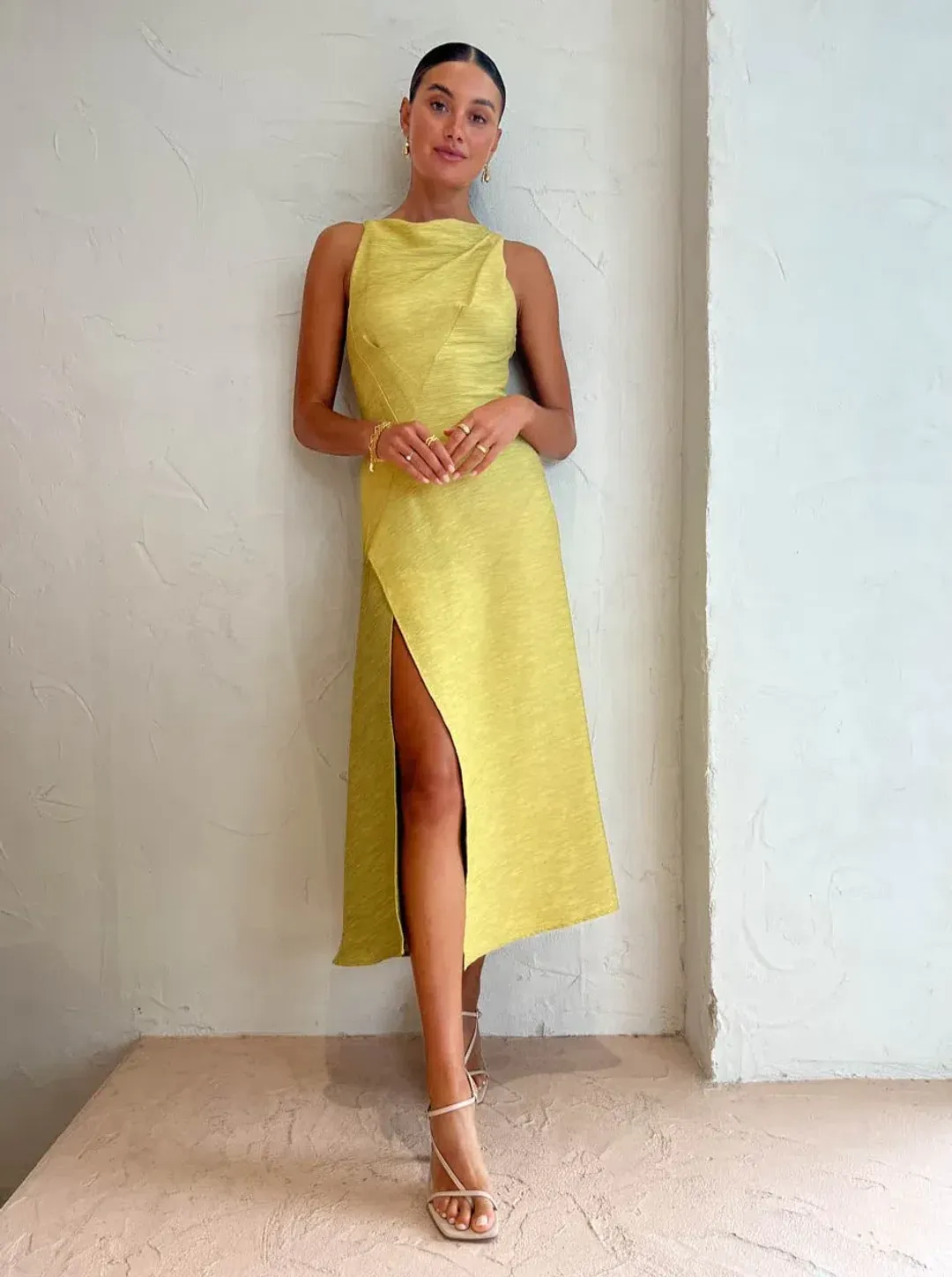One Fell Swoop Frida Midi Dress in Golden Straw Size 6 for rent on The Volte - main image