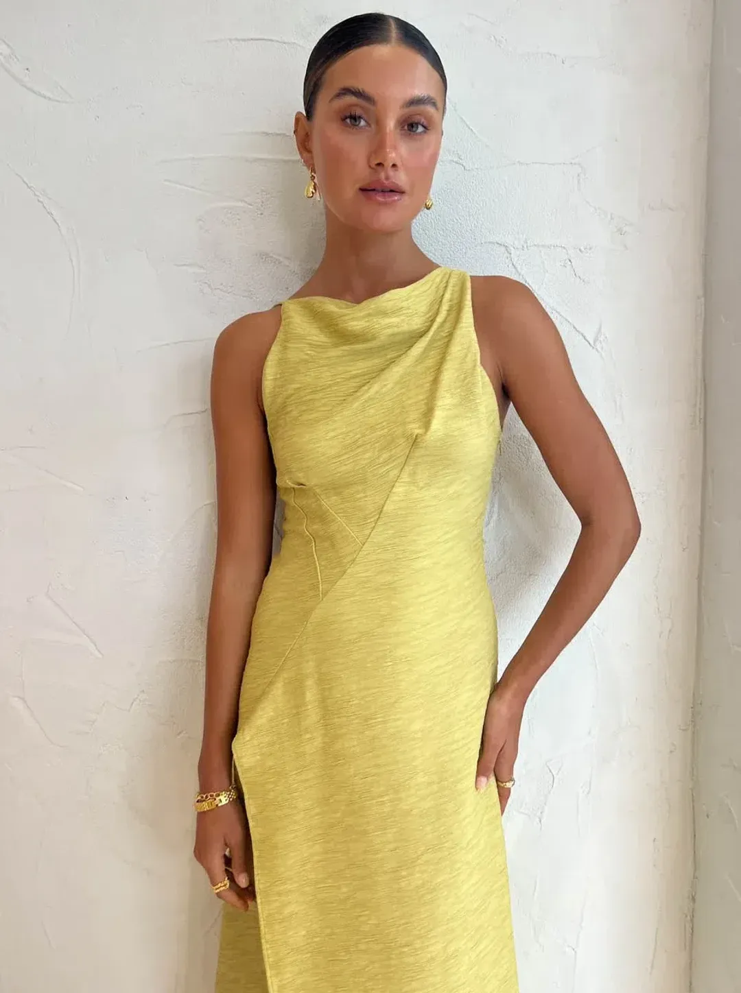 One Fell Swoop Frida Midi Dress in Golden Straw Size 6 for rent on The Volte - main image