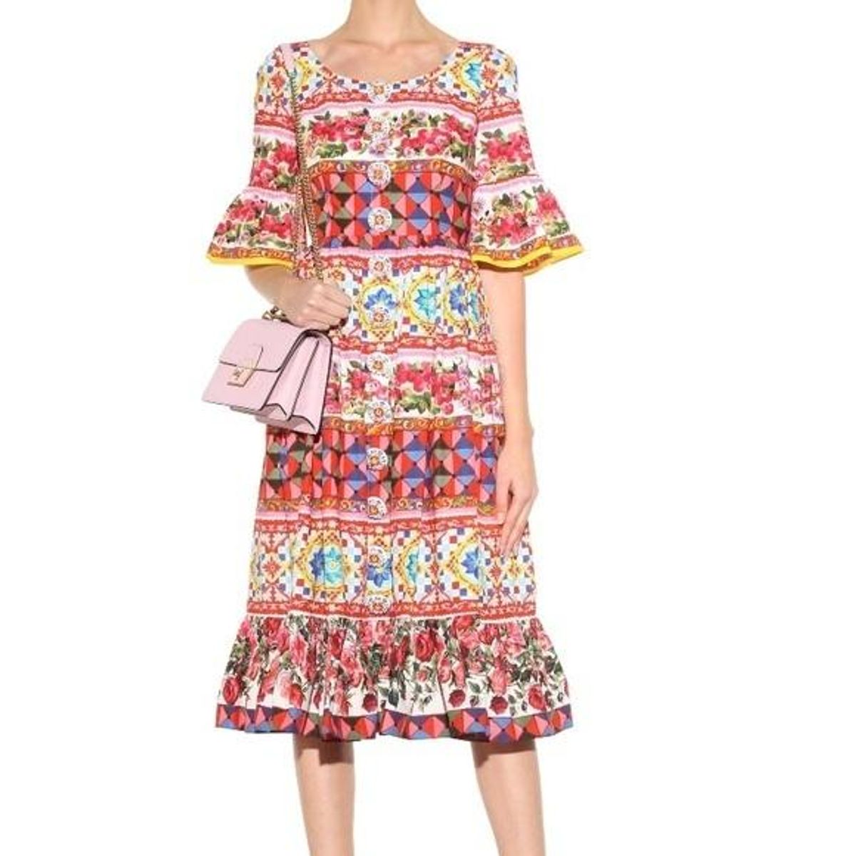 Dolce & Gabbana Bell Sleeve Mambo Midi Dress Print Size 8 for rent on The Volte - main image