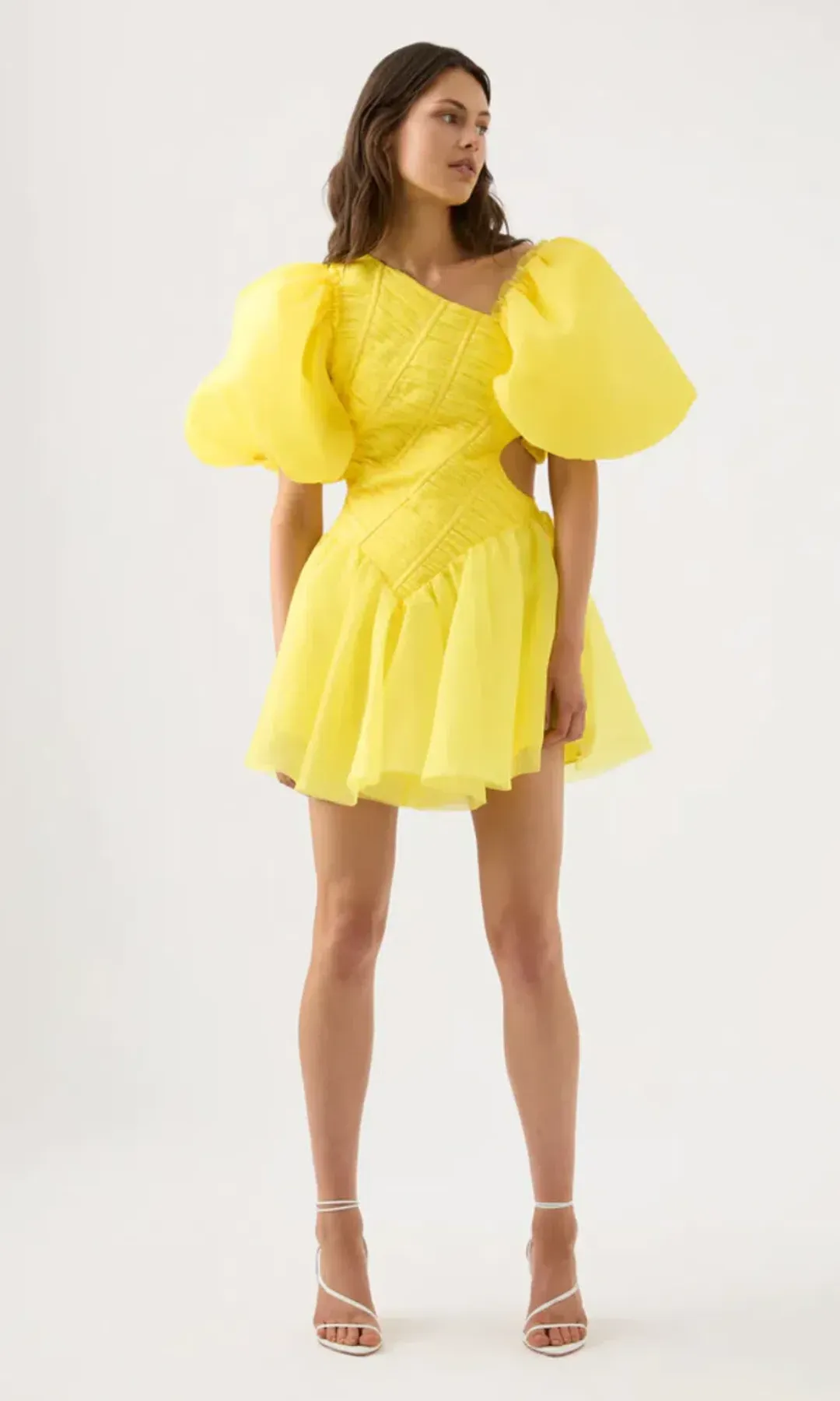 Aje Dawn Ruched Mini Dress Yellow Size 6 / XS for rent on The Volte - main image