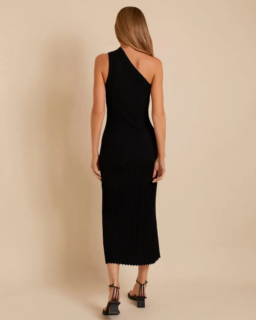 Minimia Esentiales Britta One Shoulder Knitted Midi Dress Black Size 8  for rent on The Volte - main image