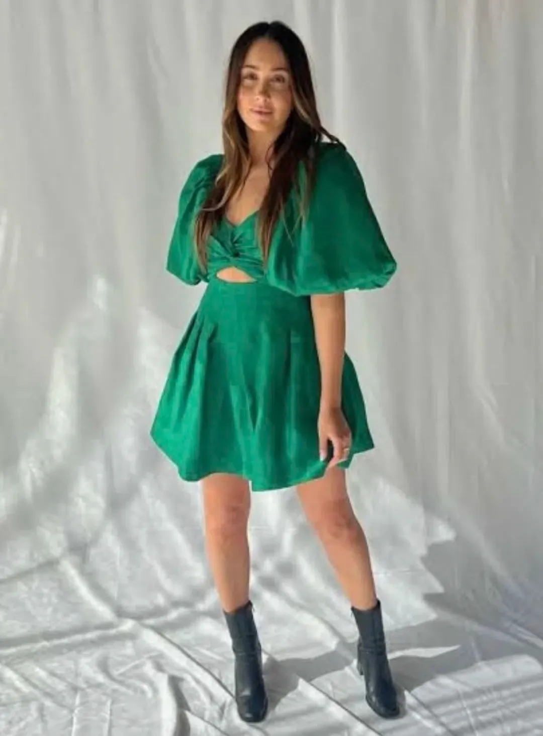 AJE Dusk Knot Puff Sleeve Mini Dress Emerald Size 6 for rent on The Volte - main image