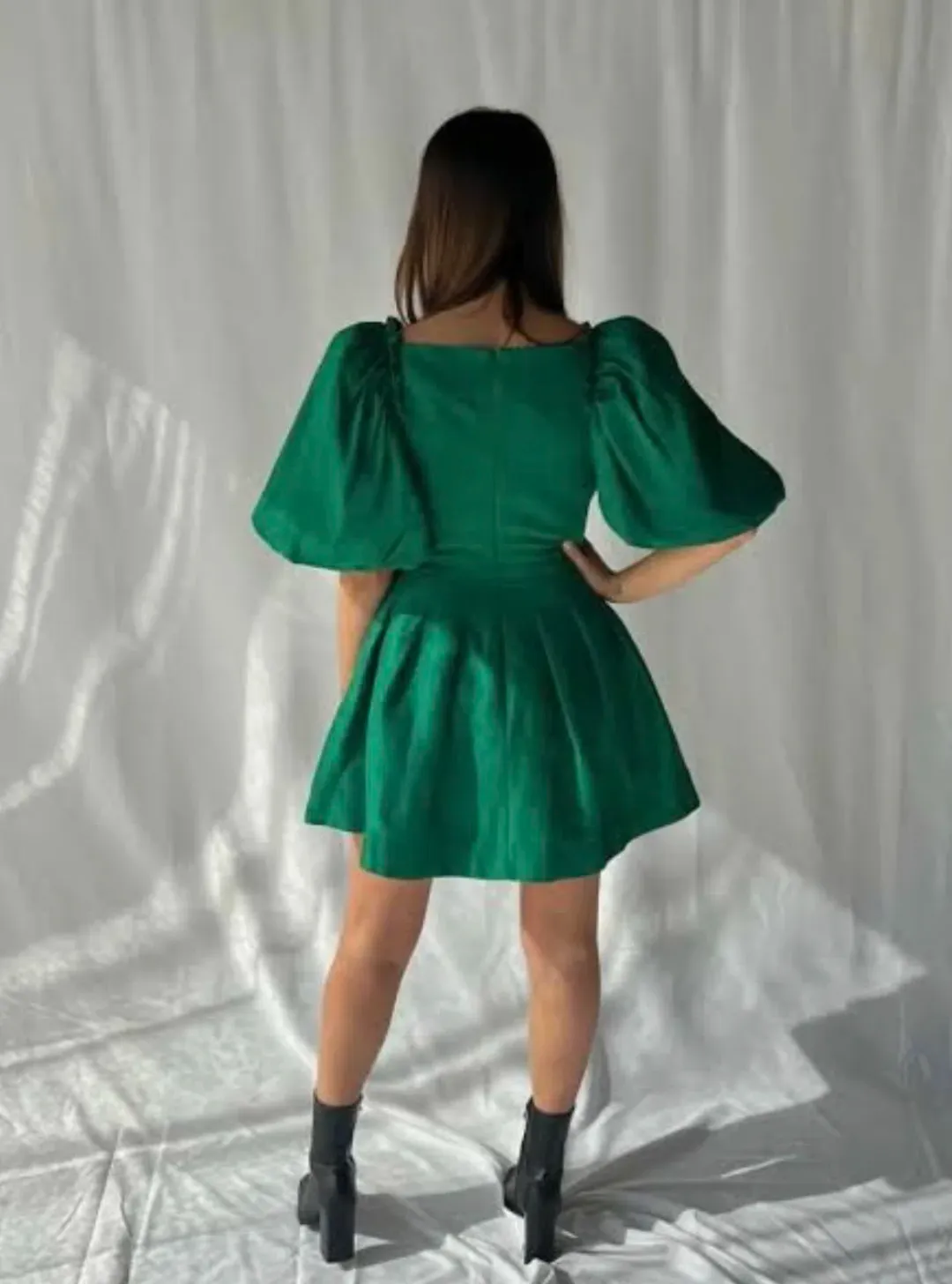 AJE Dusk Knot Puff Sleeve Mini Dress Emerald Size 6 for rent on The Volte - main image
