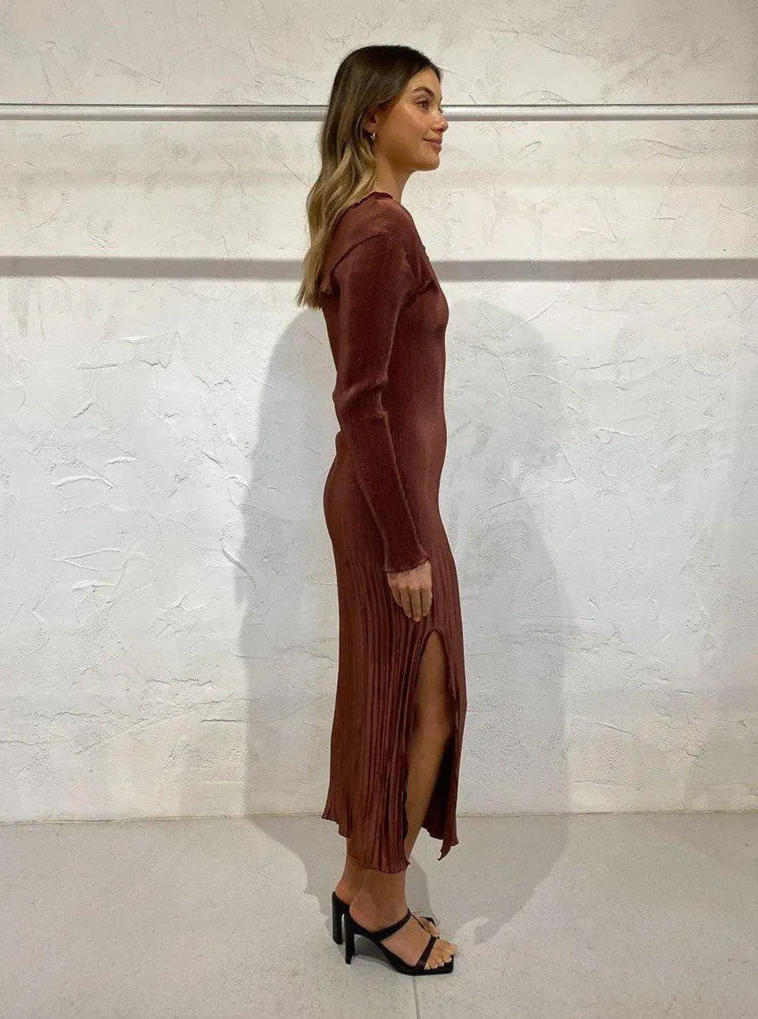 L'idee Soirèe One Shoulder Sleeve Gown Chocolate Size 10 for rent on The Volte - main image