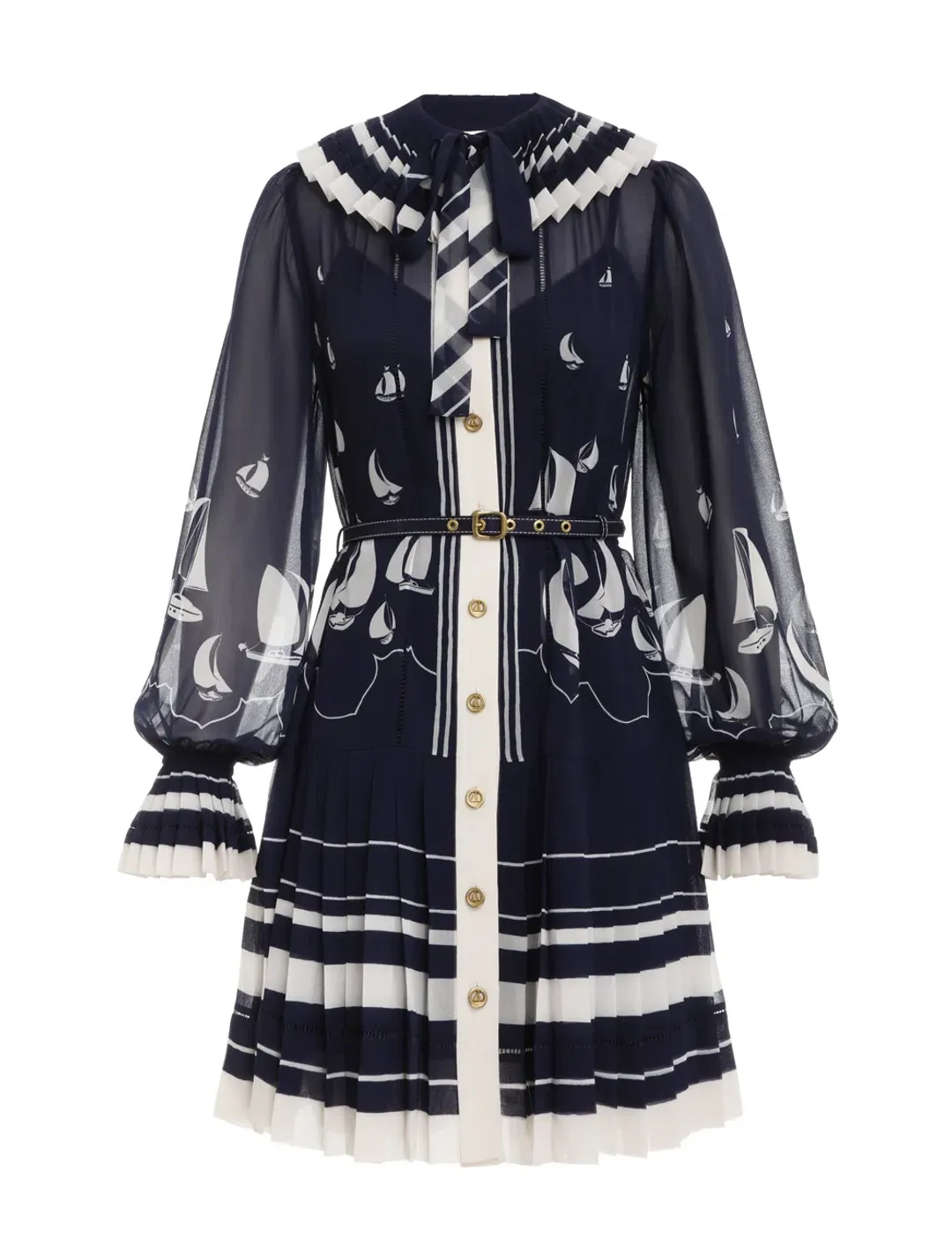Zimmermann Pleated Tie Neck Mini Dress Moonlight Sailboats Size 3 / Au 14 for rent on The Volte - main image