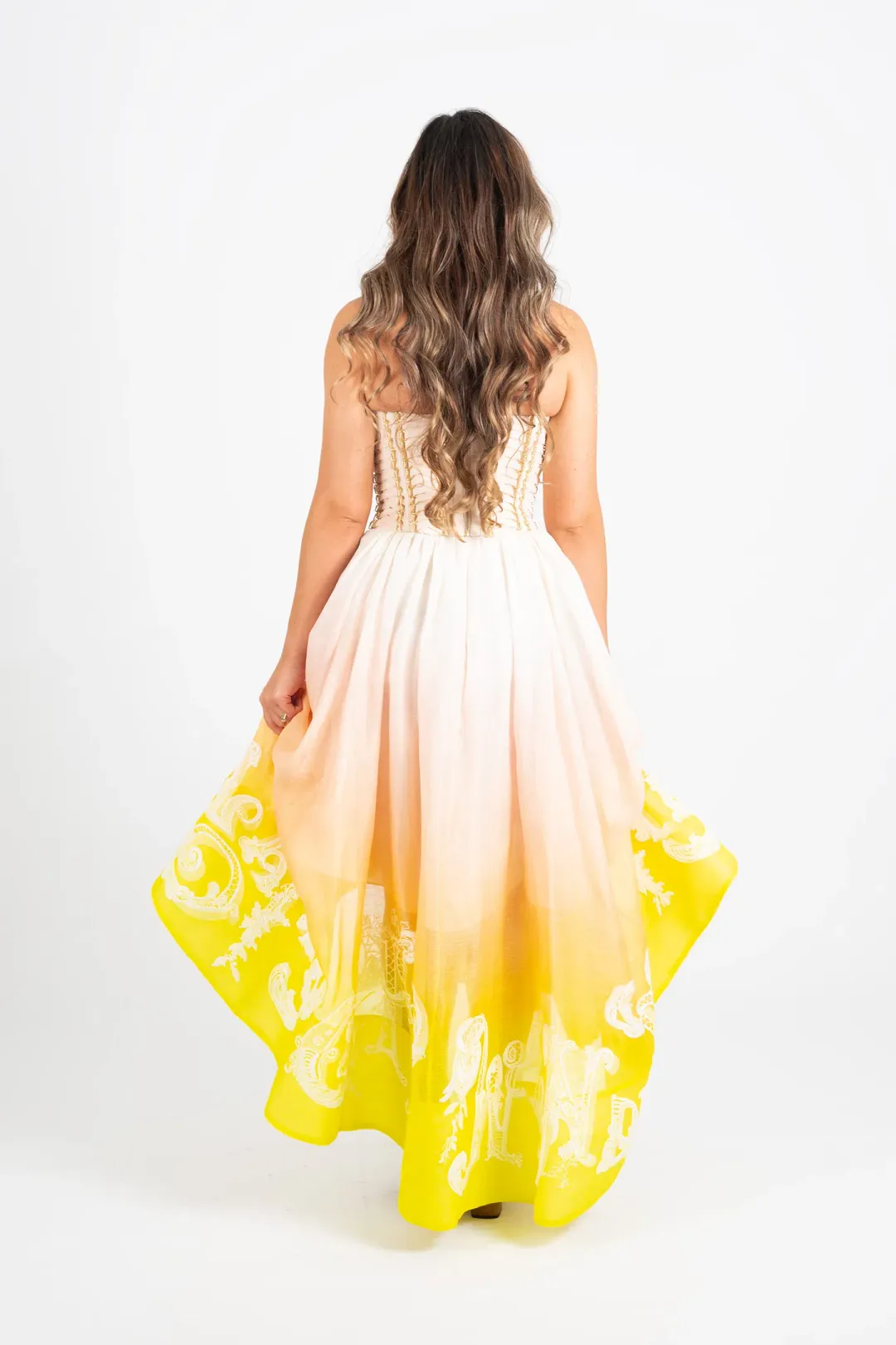 Zimmermann Wonderland Lace Up Midi Dress Sunset Ombre Size 0 / AU 8 for rent on The Volte - main image