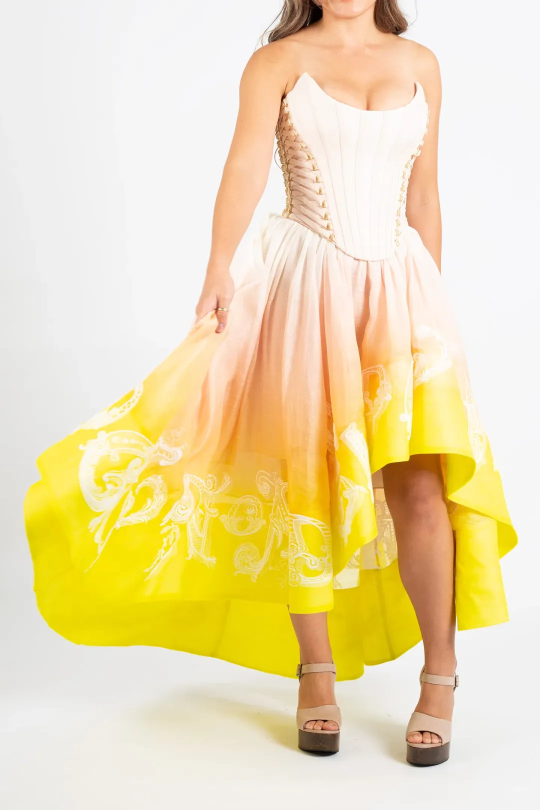 Zimmermann Wonderland Lace Up Midi Dress Sunset Ombre Size 0 / AU 8 for rent on The Volte - main image