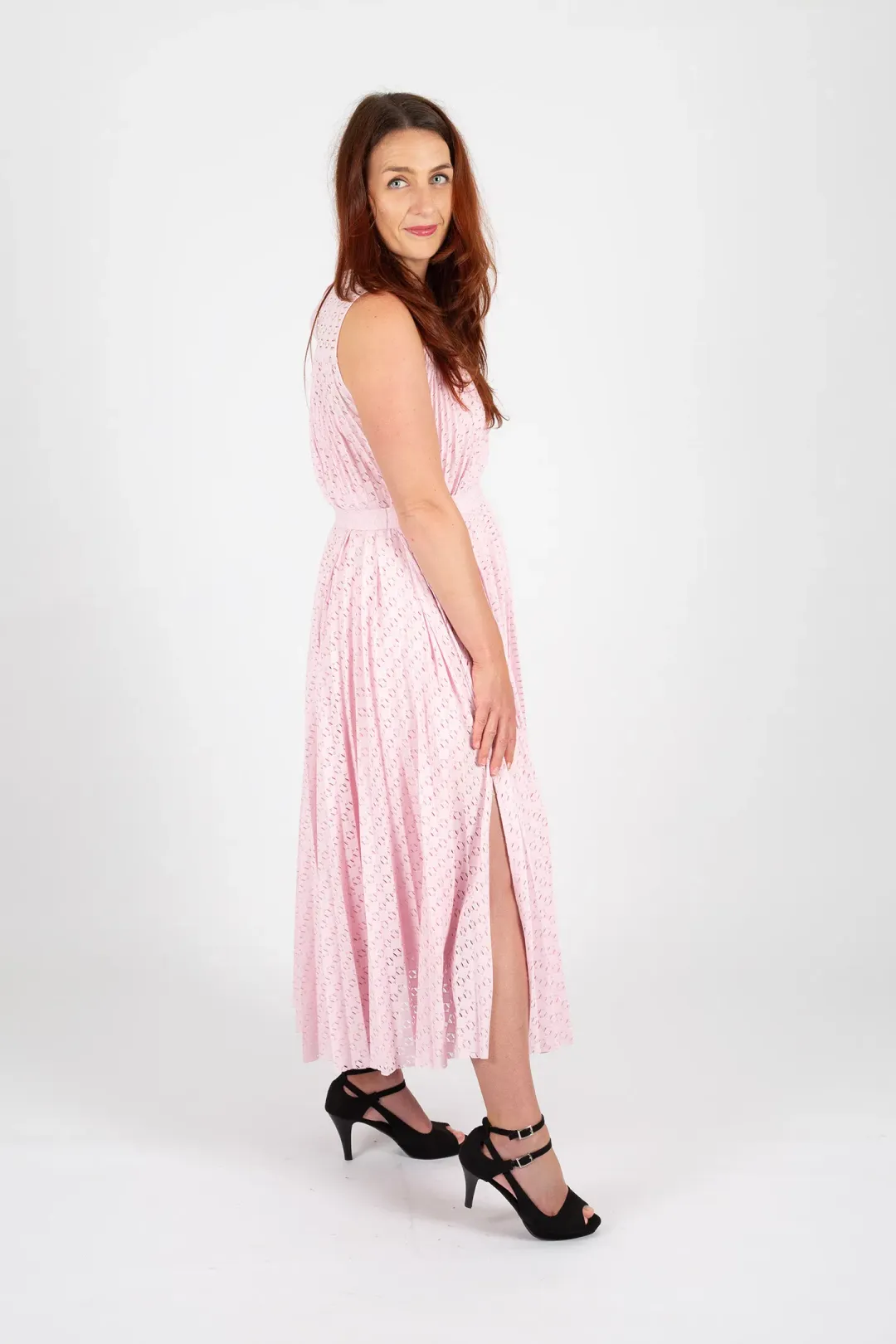 Hugo Boss Belted Stretch Lace Midi Dress Pastel Pink Size 10 for rent on The Volte - main image