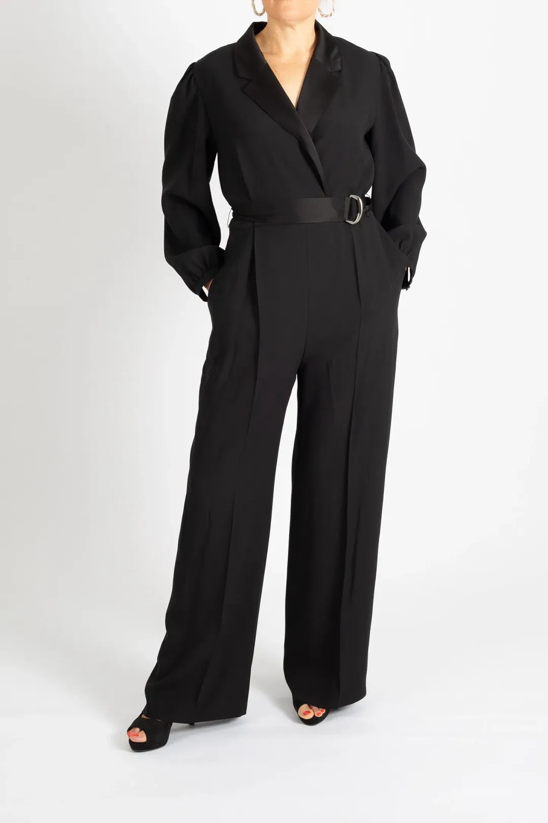 Hugo Boss Tonal Silken Trims Crepe Jumpsuit Black Size 10 for rent on The Volte - main image