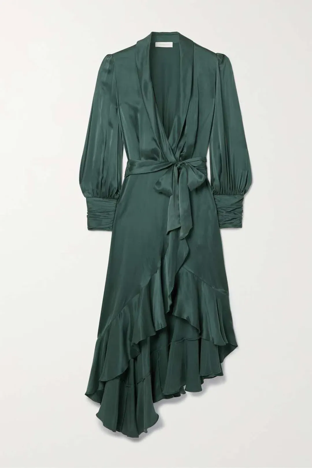 Zimmermann Asymmetric Ruffled Silk-satin Wrap Dress in Green Size 2 / AU 12 for rent on The Volte - main image