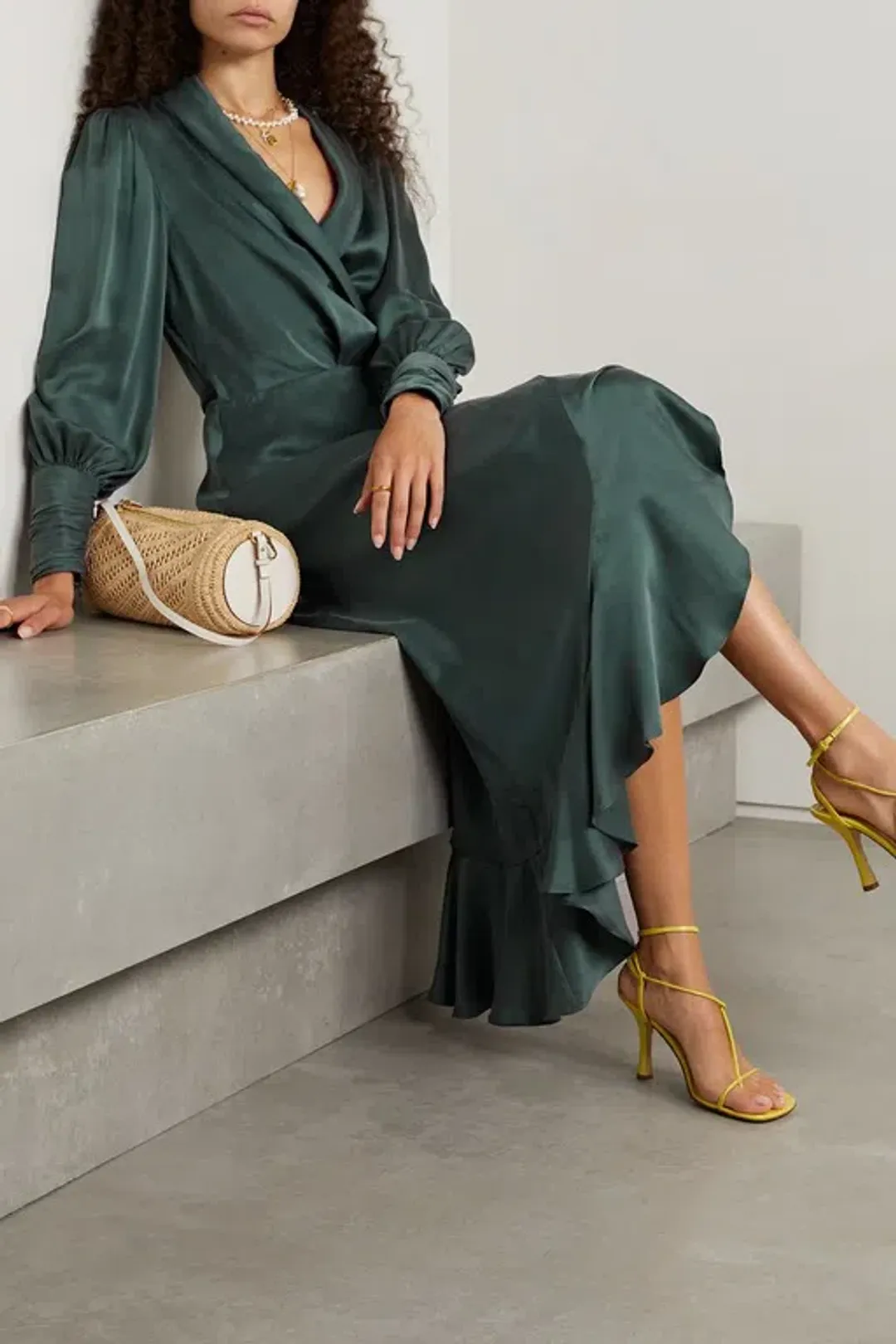 Zimmermann Asymmetric Ruffled Silk-satin Wrap Dress in Green Size 2 / AU 12 for rent on The Volte - main image