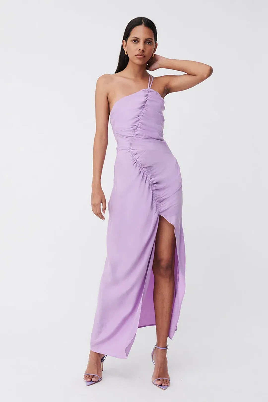 Suboo Andy Asymmetric Ruched Slip Midi Dress Lavender Size XS / Au 6  for rent on The Volte - main image
