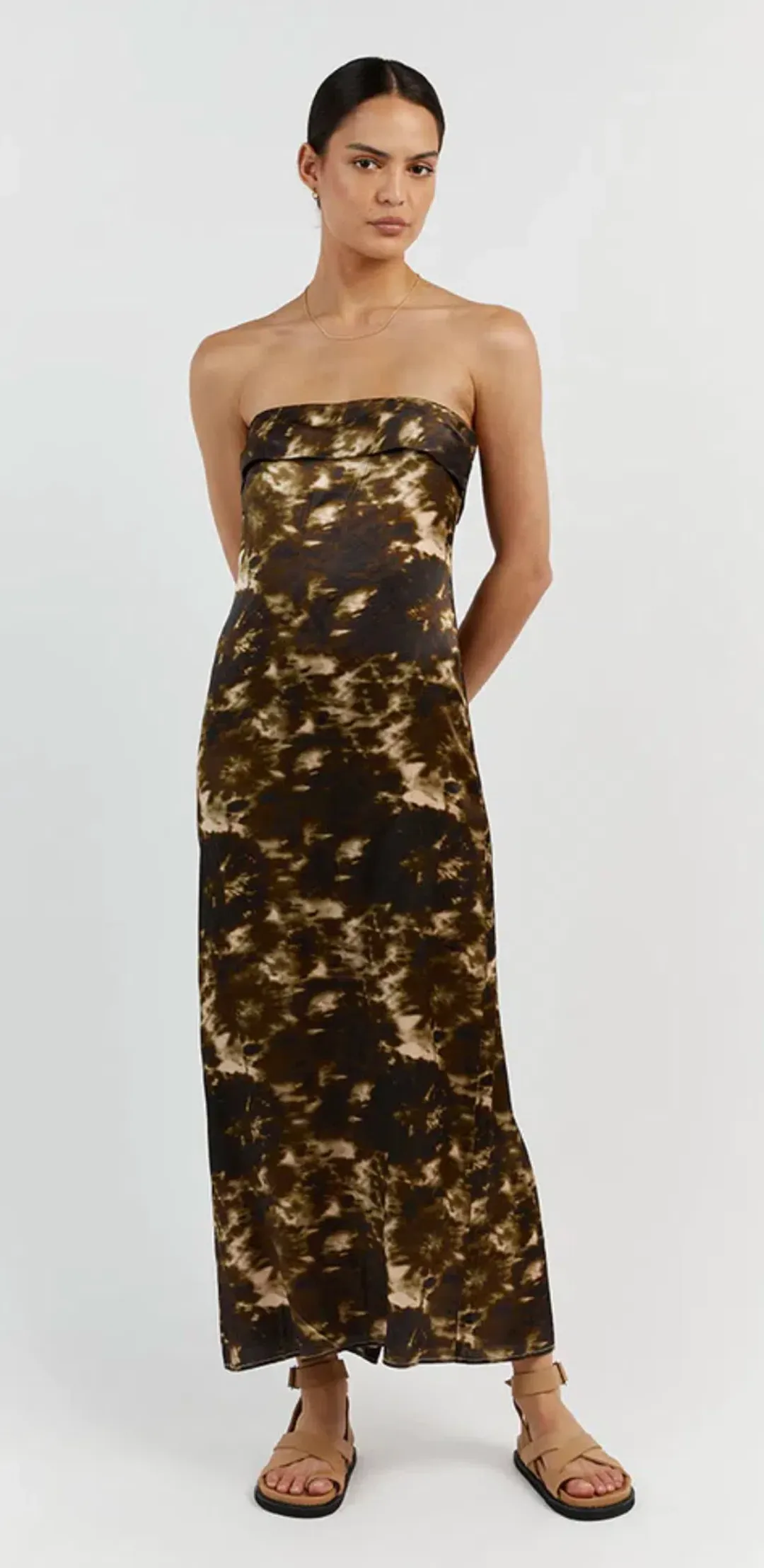 Dissh Mason Satin Tie Dye Strapless Dress Olive Size 10 / M for rent on The Volte - main image