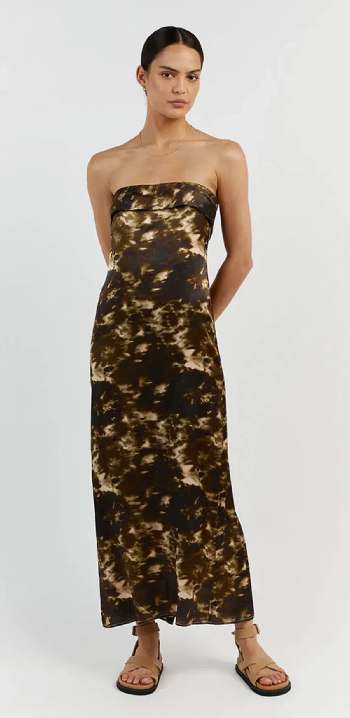 Dissh Mason Satin Tie Dye Strapless Dress Olive Size 10 / M for rent on The Volte - main image