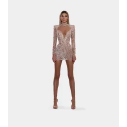 Albina Dyla Gold Couture Rose Gold Beaded Mini Dress Size AU 8 for rent on The Volte - image 1