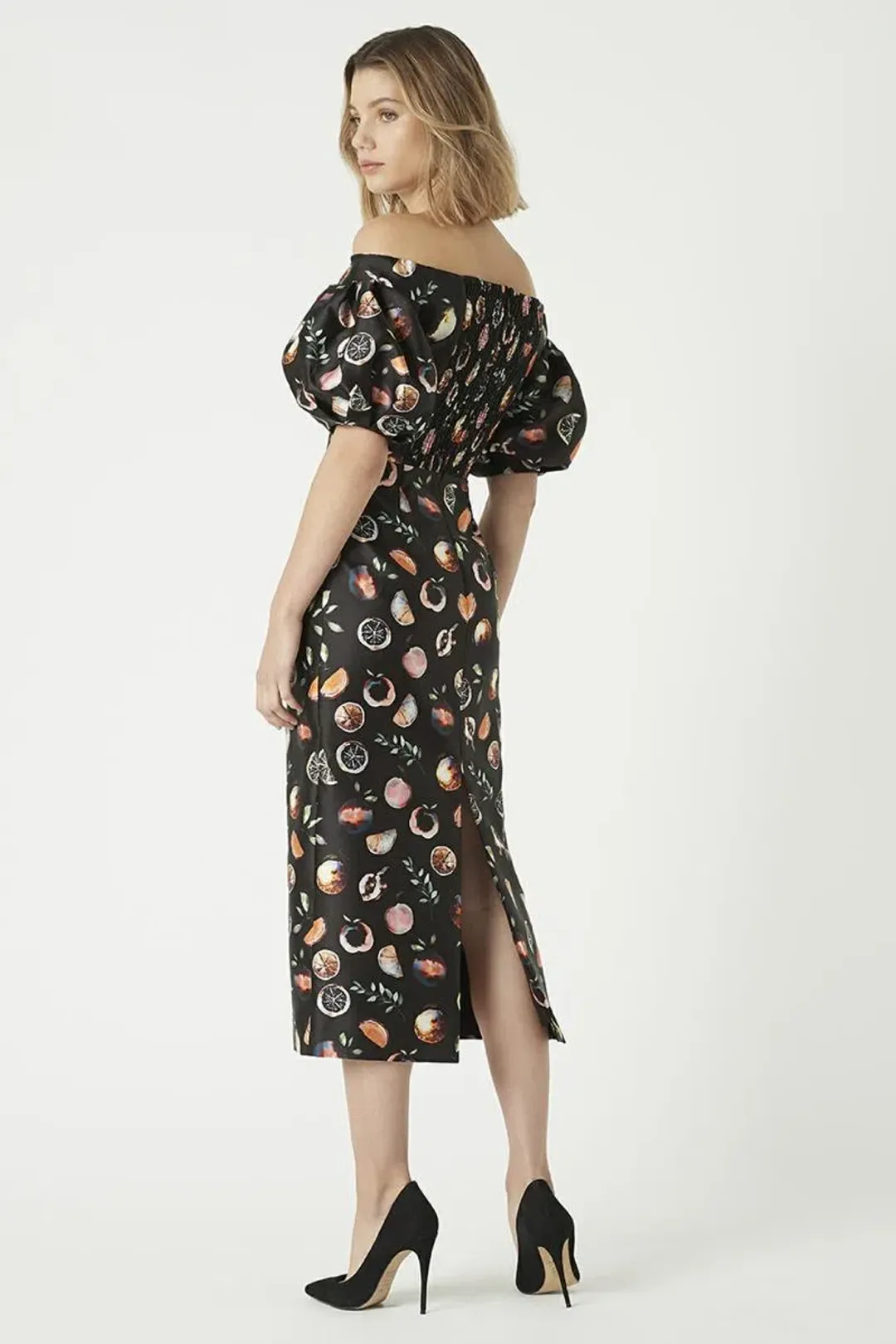Rebecca Vallance Pranzo Fruit Print Midi Black Size AU 8 for rent on The Volte - main image