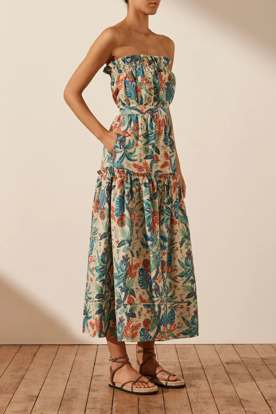 Shona Joy Mahalo Linen Strapless Midi Dress Print Size 8 / S for rent on The Volte - main image