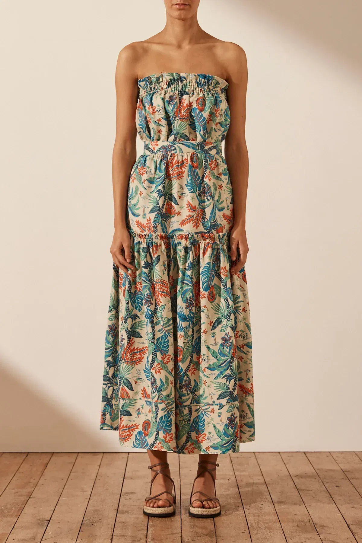 Shona Joy Mahalo Linen Strapless Midi Dress Print Size 8 / S for rent on The Volte - main image