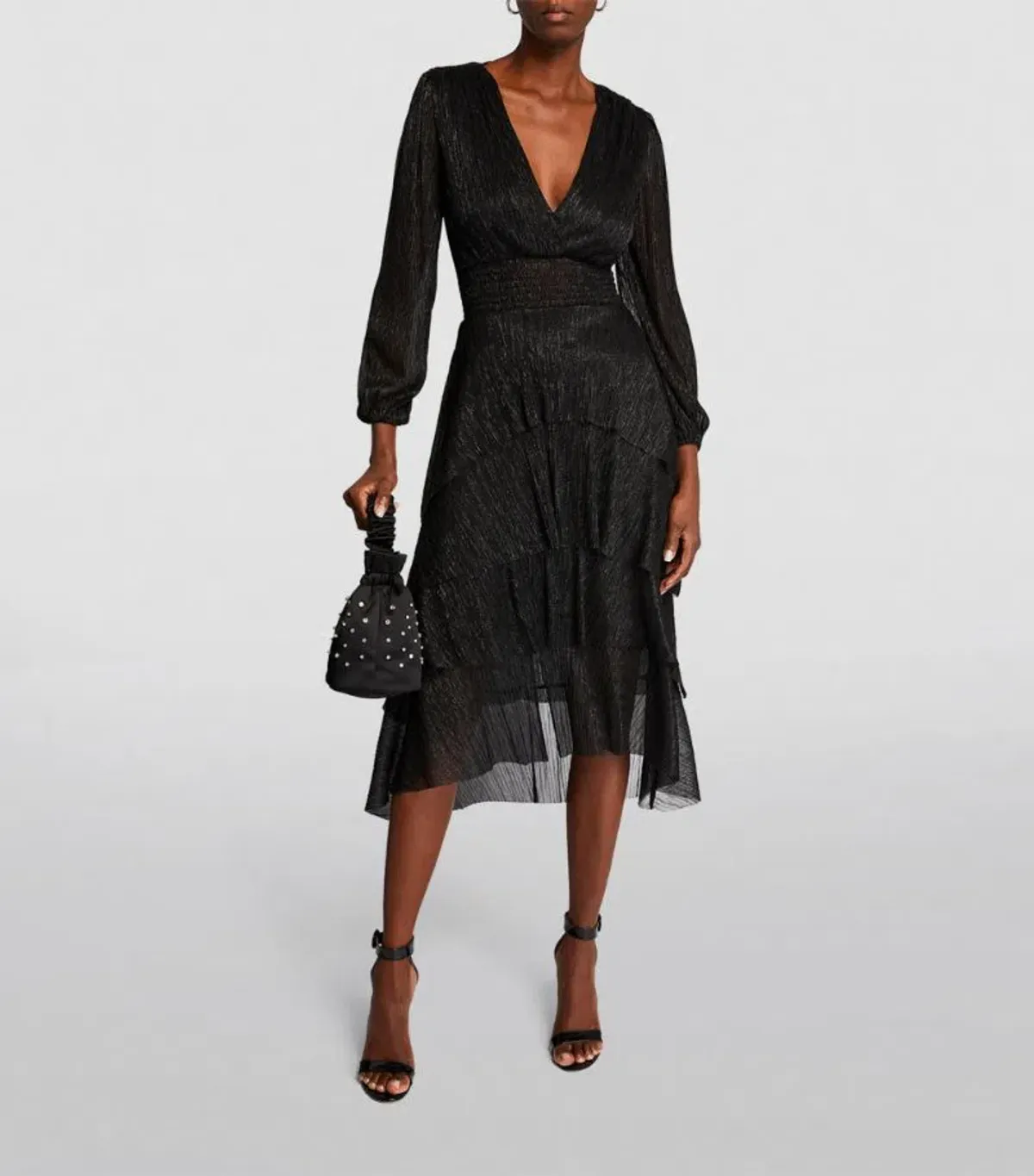 Maje Tiered Plisse Midi Dress Black Size 14 for rent on The Volte - main image