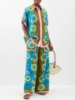 Alemais Winnie Floral Spliced Blue Brown Shirt and Pant Two Piece Set Floral Size 10  for rent on The Volte - image 1