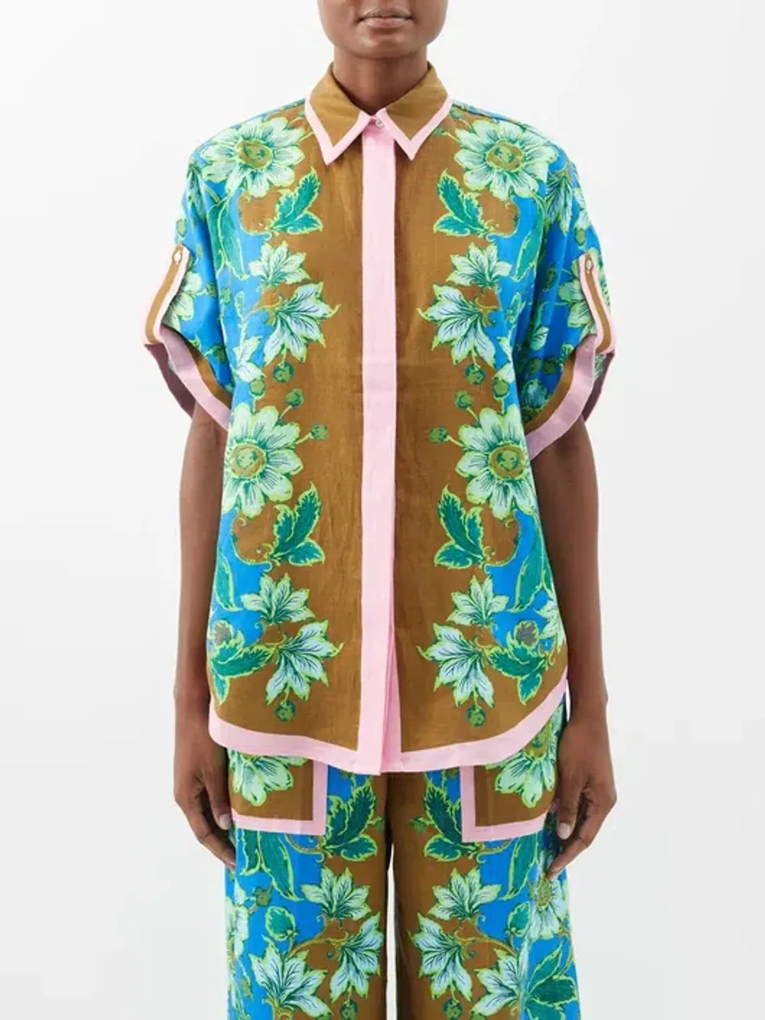 Alemais Winnie Floral Spliced Blue Brown Shirt and Pant Two Piece Set Floral Size 10  for rent on The Volte - main image