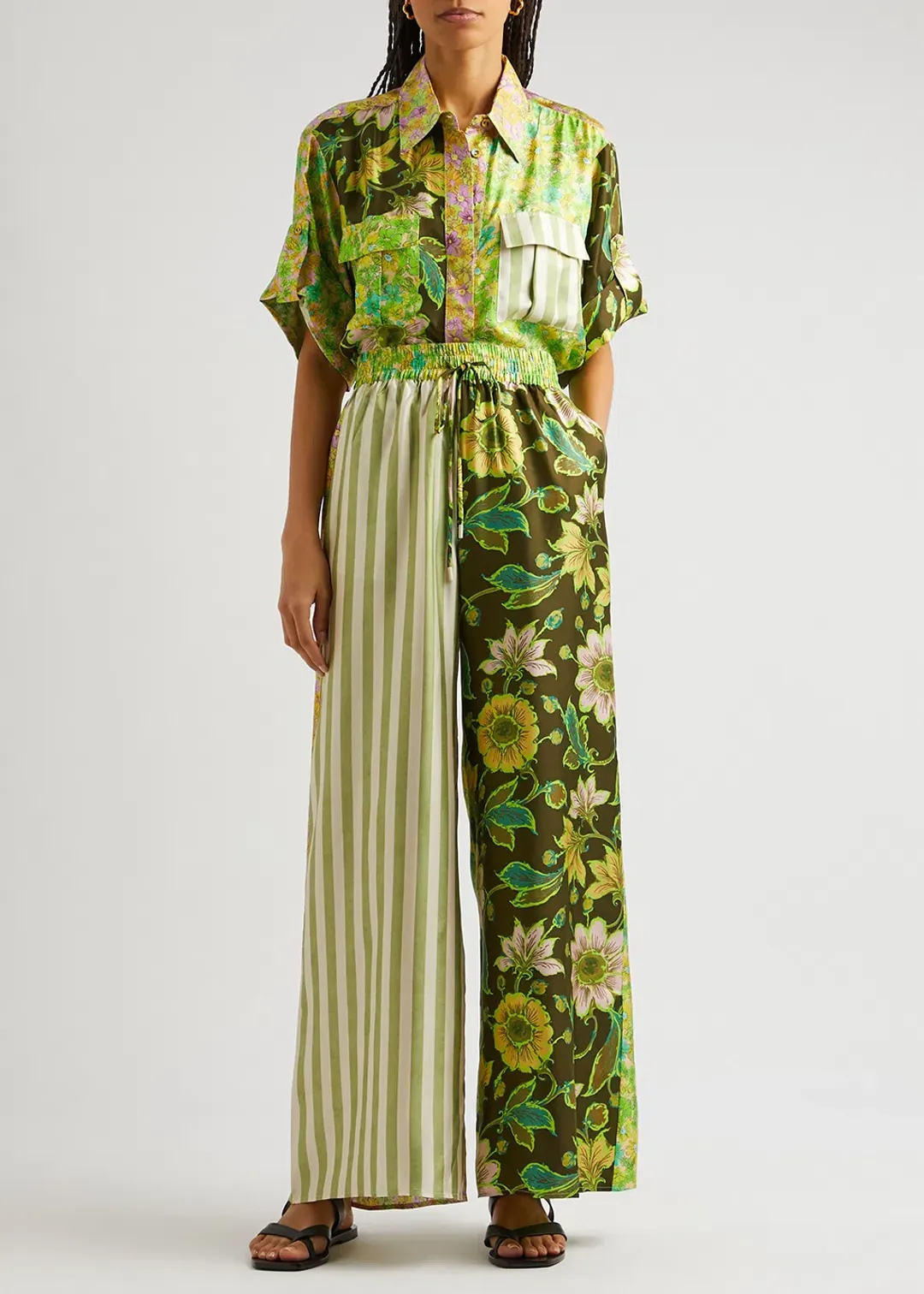Alemais Winnie Patchwork Spliced Silk Shirt and Pant Set Green Floral Size AU 10 for rent on The Volte - main image
