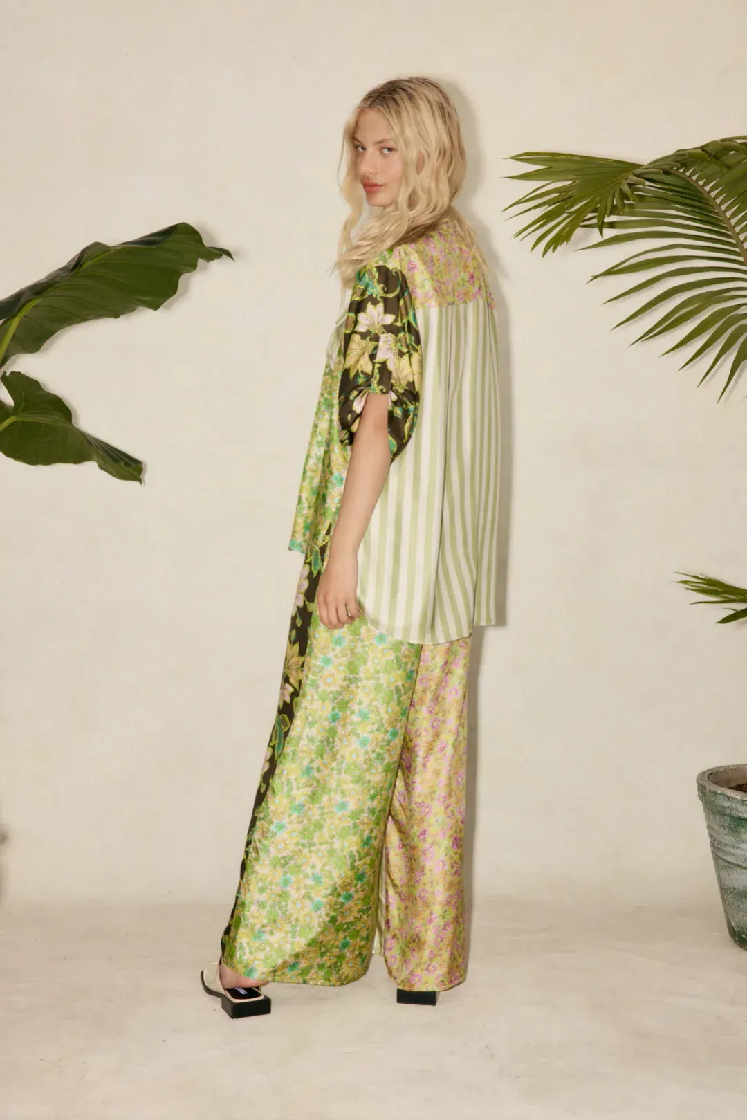 Alemais Winnie Patchwork Spliced Silk Shirt and Pant Set Green Floral Size AU 10 for rent on The Volte - main image
