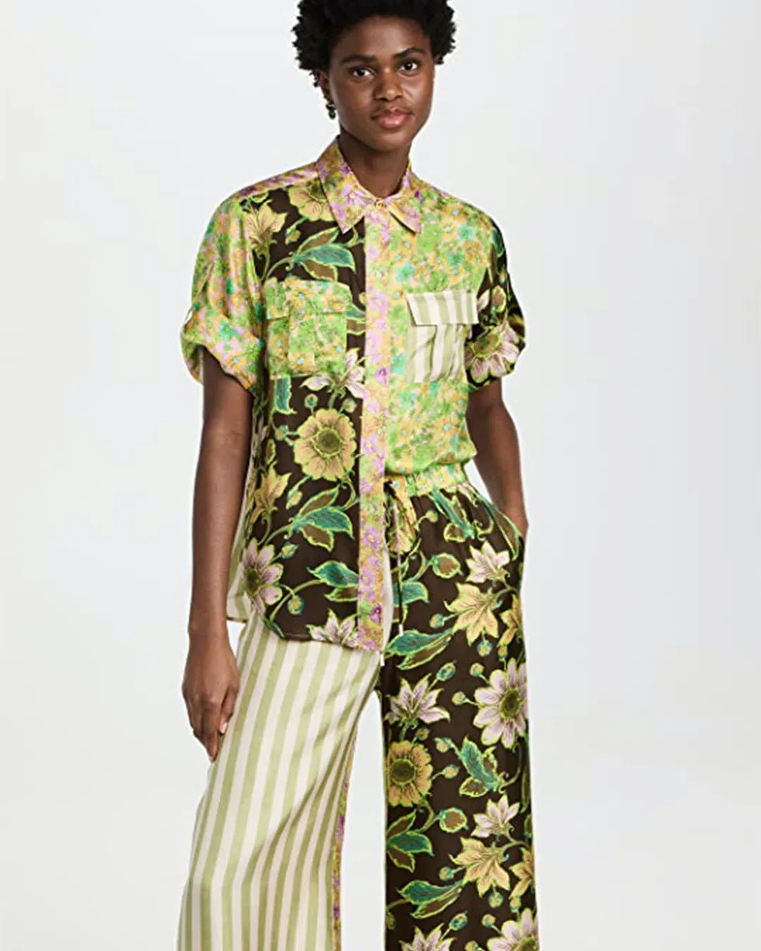 Alemais Winnie Patchwork Spliced Silk Shirt and Pant Set Green Floral Size AU 10 for rent on The Volte - main image