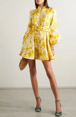 Zimmermann Wonderland Belted Floral-Print Linen Mini Dress in Yellow Size 1/Au 10  for rent on The Volte - image 1