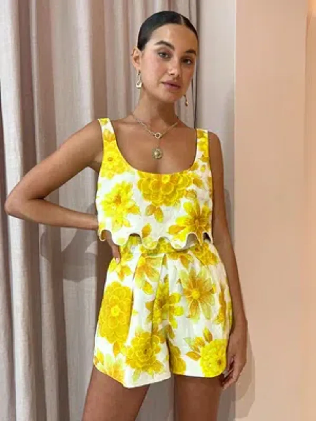 Alemais Sonny Sculpt Crop Top and Shorts Mini Set Floral Lemon Size 8 for rent on The Volte - main image