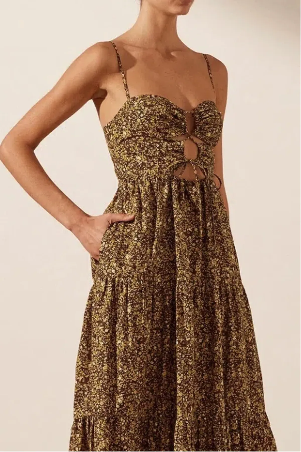 Shona Joy Lilou Lace Up Backless Midi Dress Mimosa Size AU 14 for rent on The Volte - main image