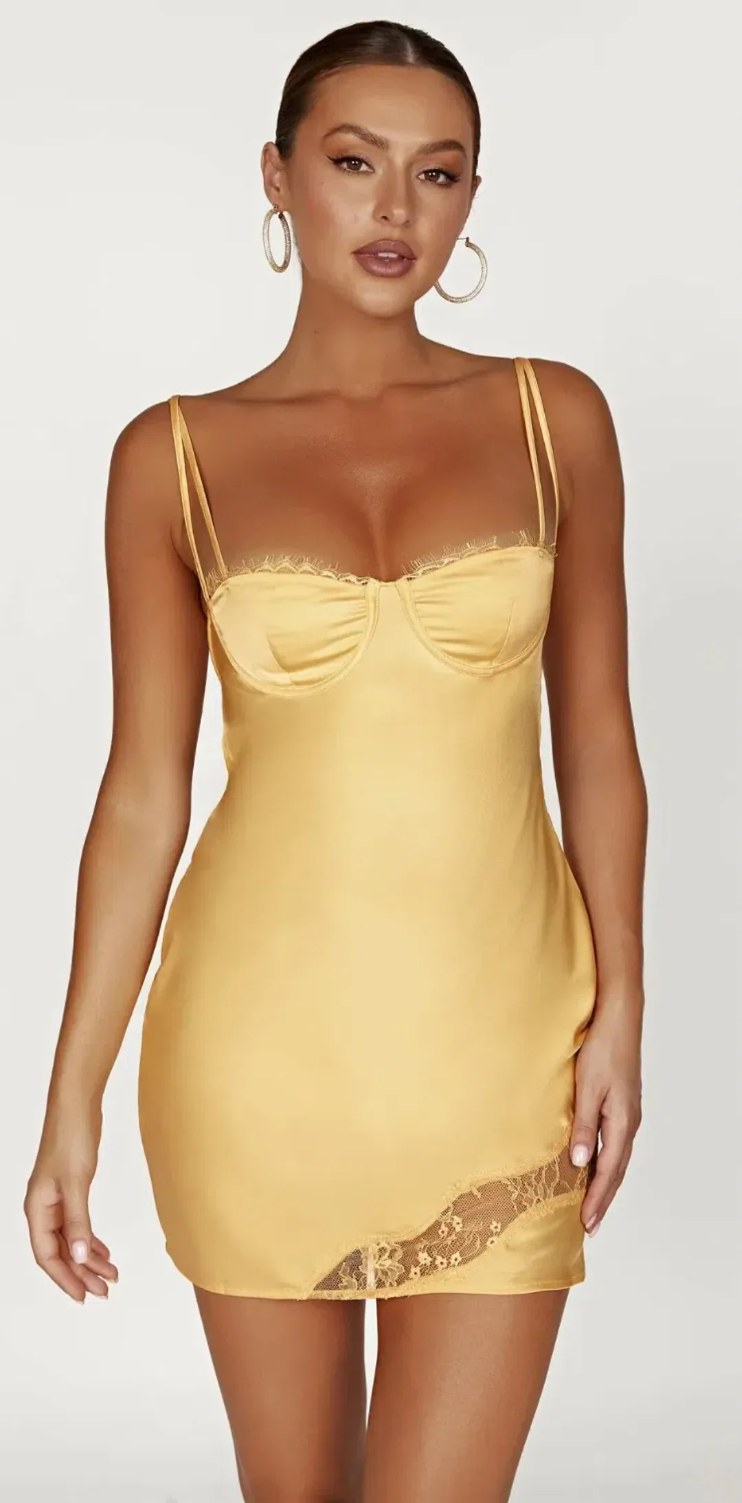 Meshki Joslyn Satin Lace Slip Mini Dress Yellow Size AU 6  for rent on The Volte - main image