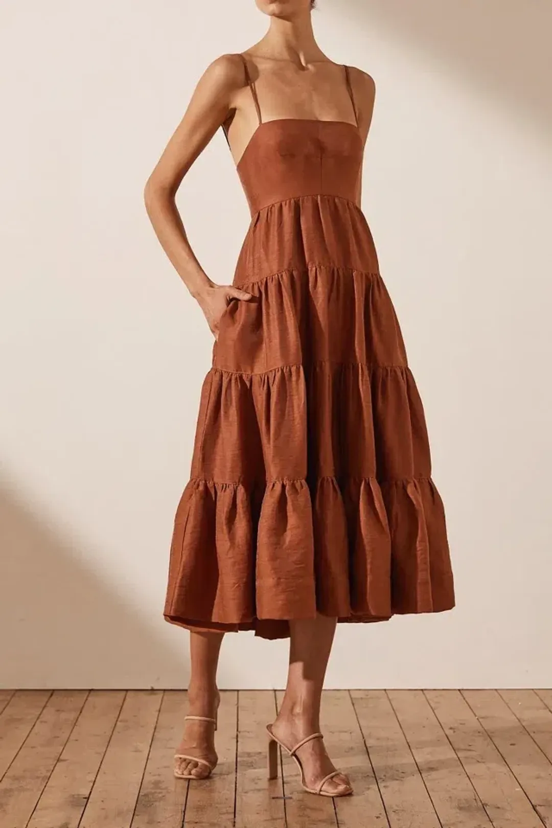 Shona Joy Elsa Tiered Midi Dress Brown Size AU 10 for rent on The Volte - main image
