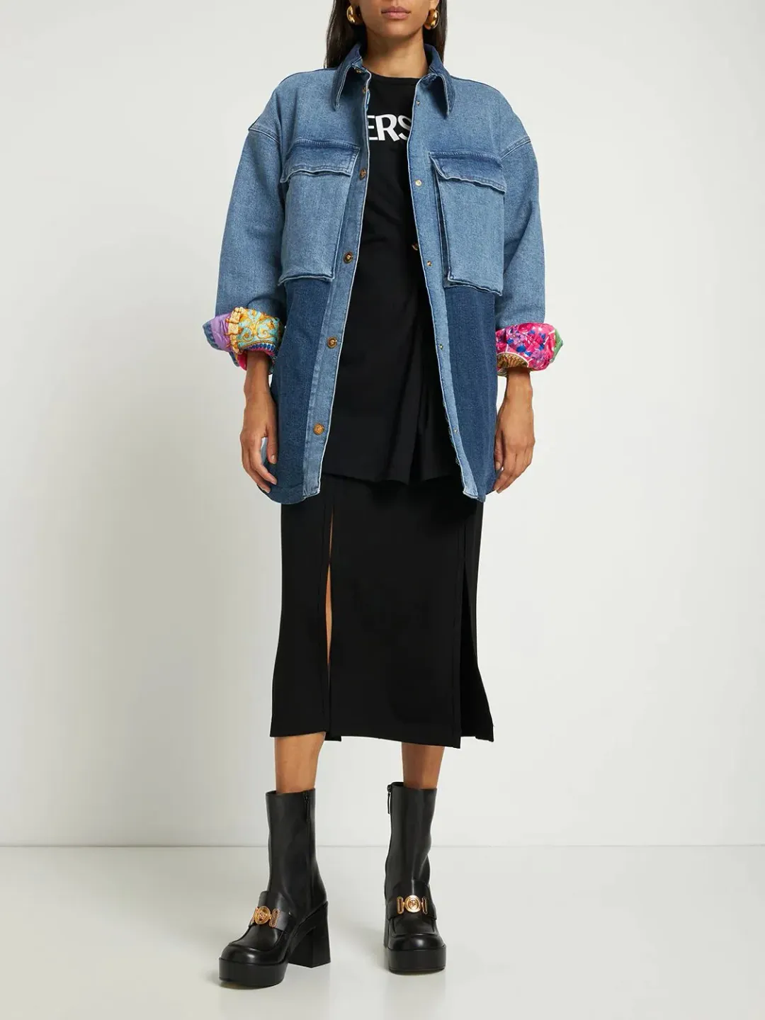 Versace Oversized Patchwork Cotton Denim Shirt Size 8 for rent on The Volte - main image