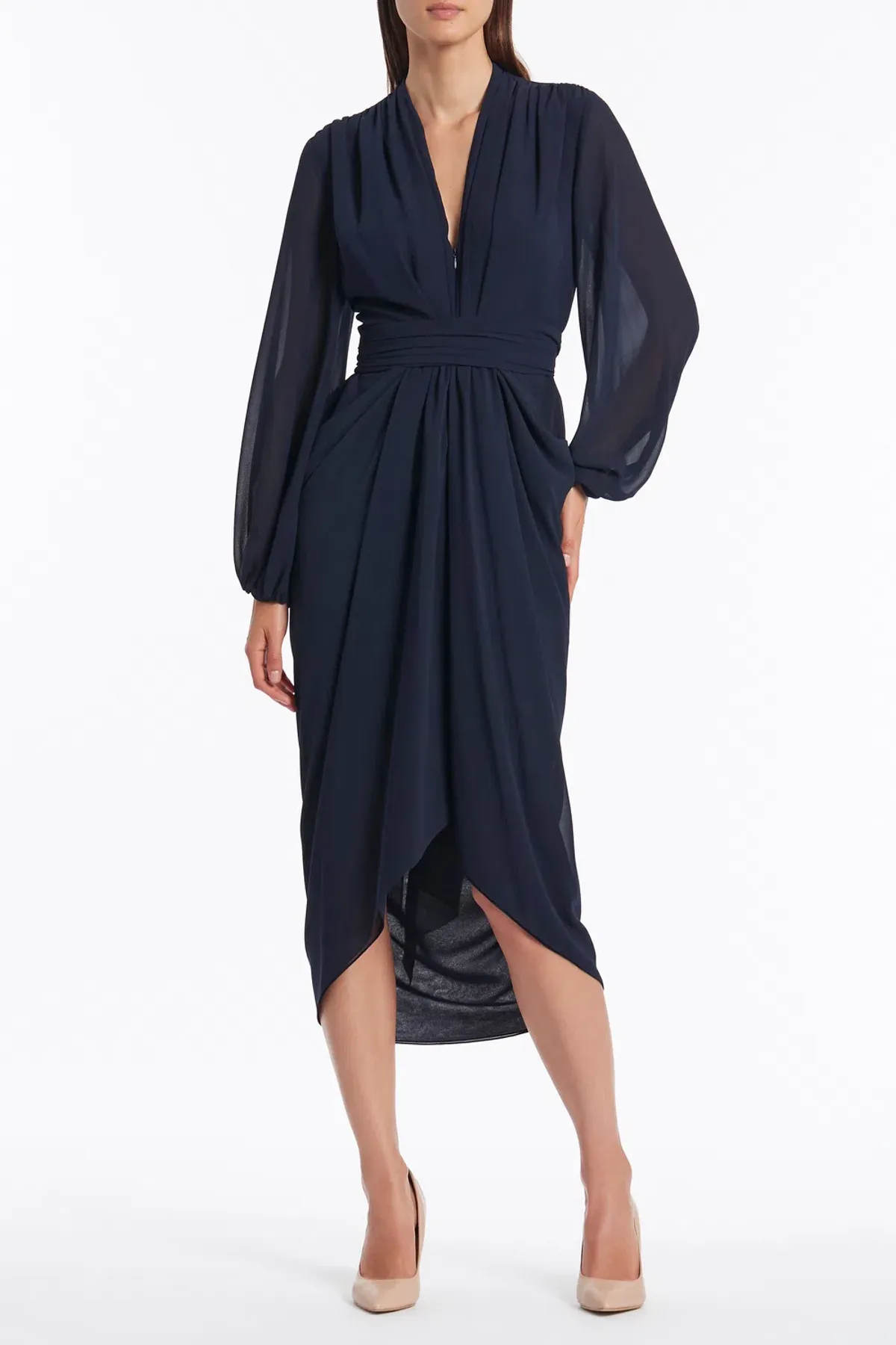 Carla Zampatti Georgette V-Neck Waterfall Dress Navy Size 14 for rent on The Volte - main image