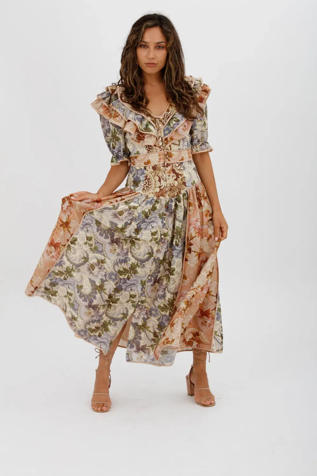 Alèmais Phillipa Ruffle Neck Midi Dress Floral Size 8 for rent on The Volte - main image