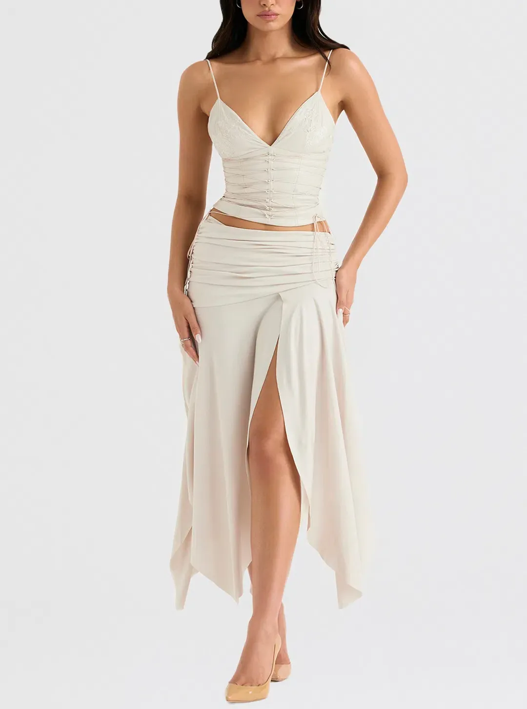 House of CB Antonella Vegan Leather Corset and Kaira Draped Midi Skirt Set Off White Size S / Au 8 for rent on The Volte - main image