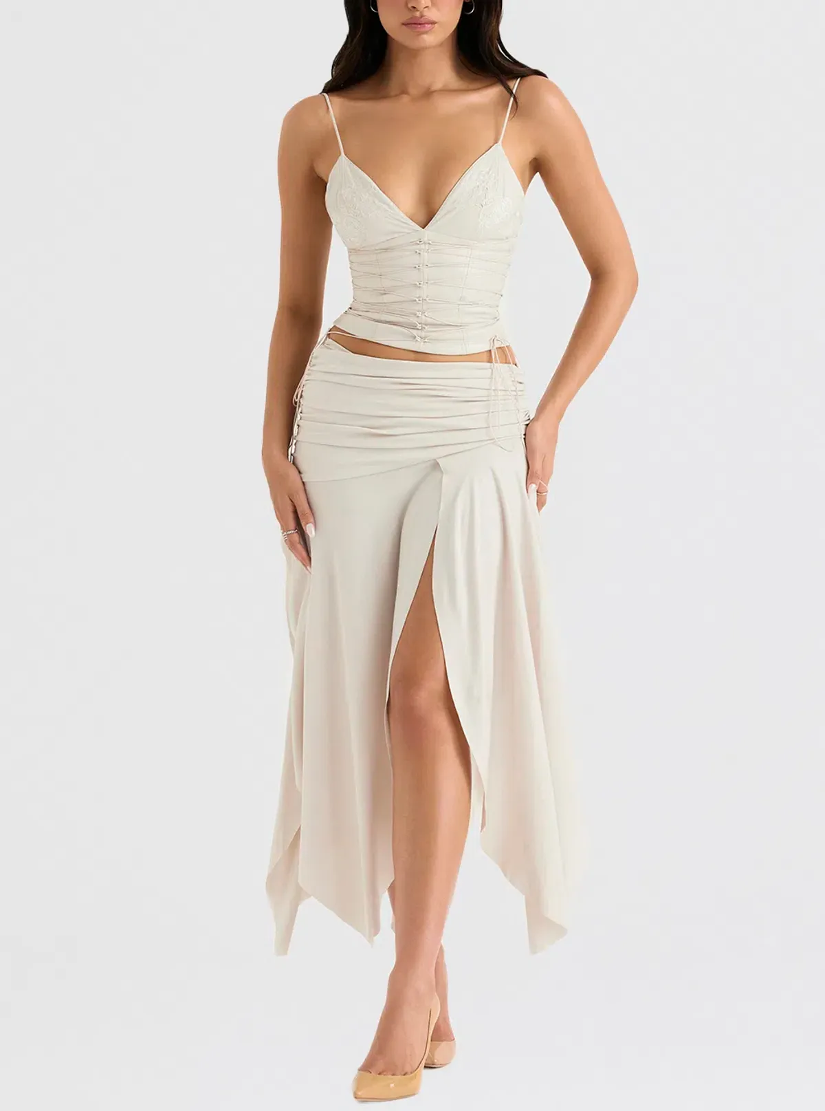 House of CB Antonella Vegan Leather Corset and Kaira Draped Midi Skirt Set Off White Size S / Au 8 for rent on The Volte - main image
