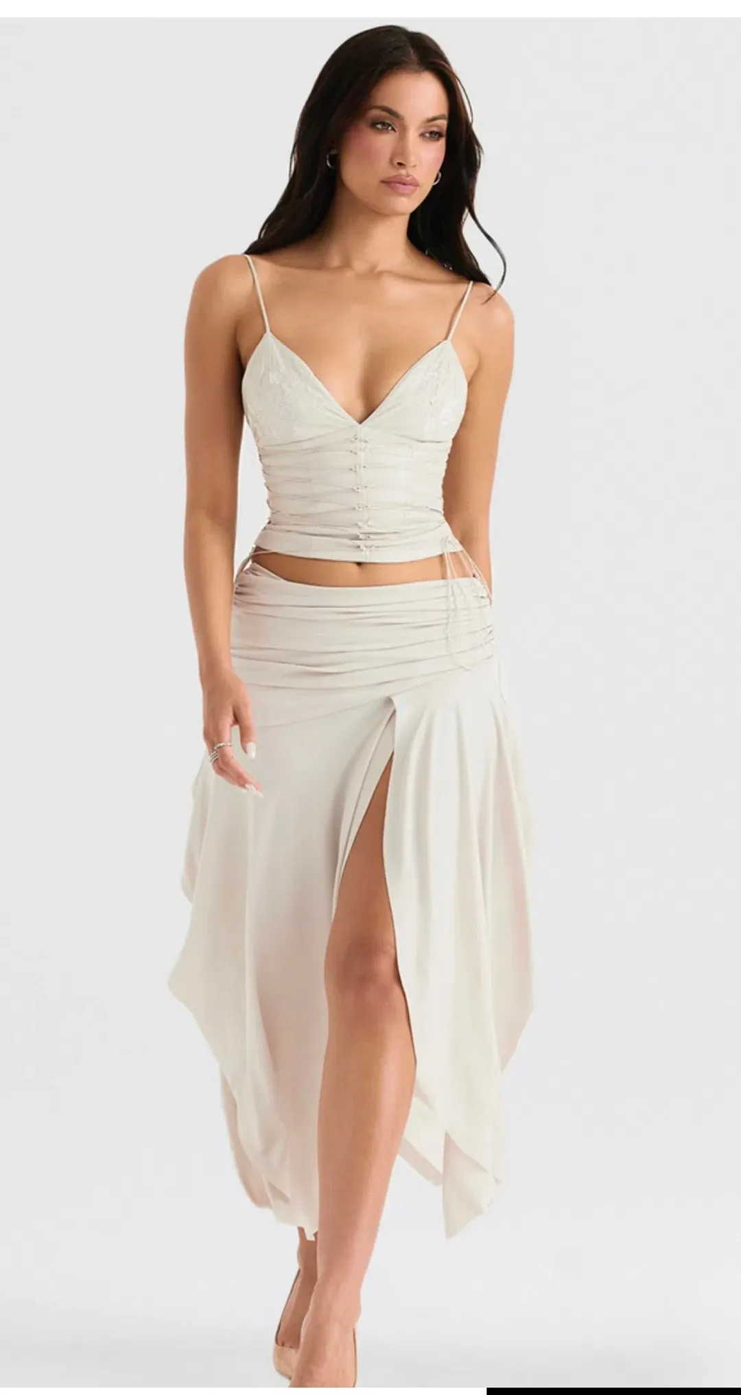 House of CB Antonella Vegan Leather Corset and Kaira Draped Midi Skirt Set Off White Size S / Au 8 for rent on The Volte - main image